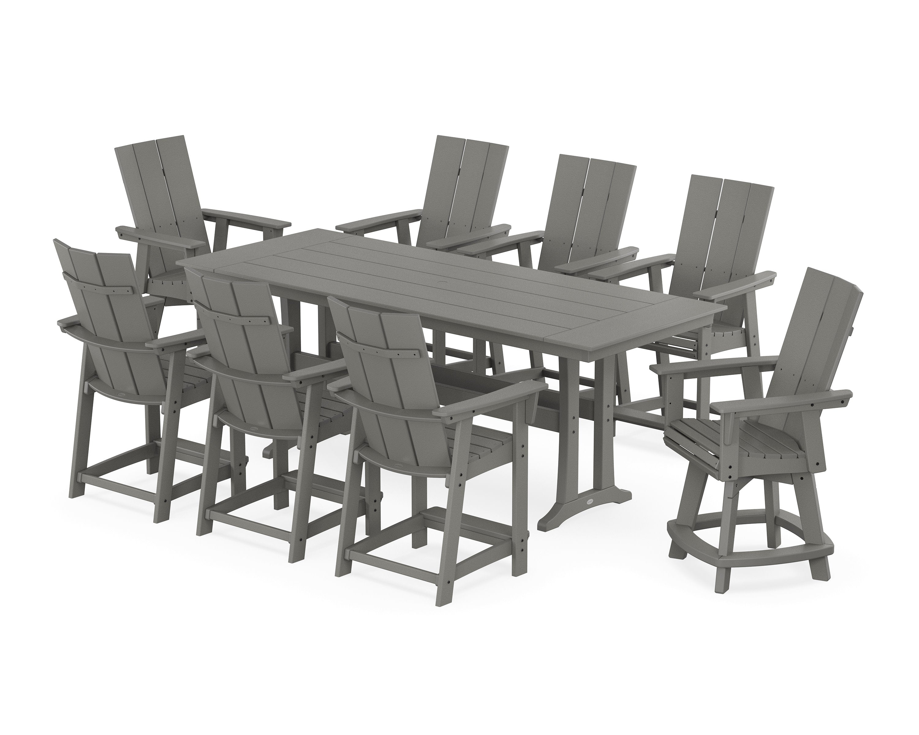 Modern Curveback Adirondack Swivel 9-Piece Farmhouse Counter Set with Trestle Legs in Slate Grey