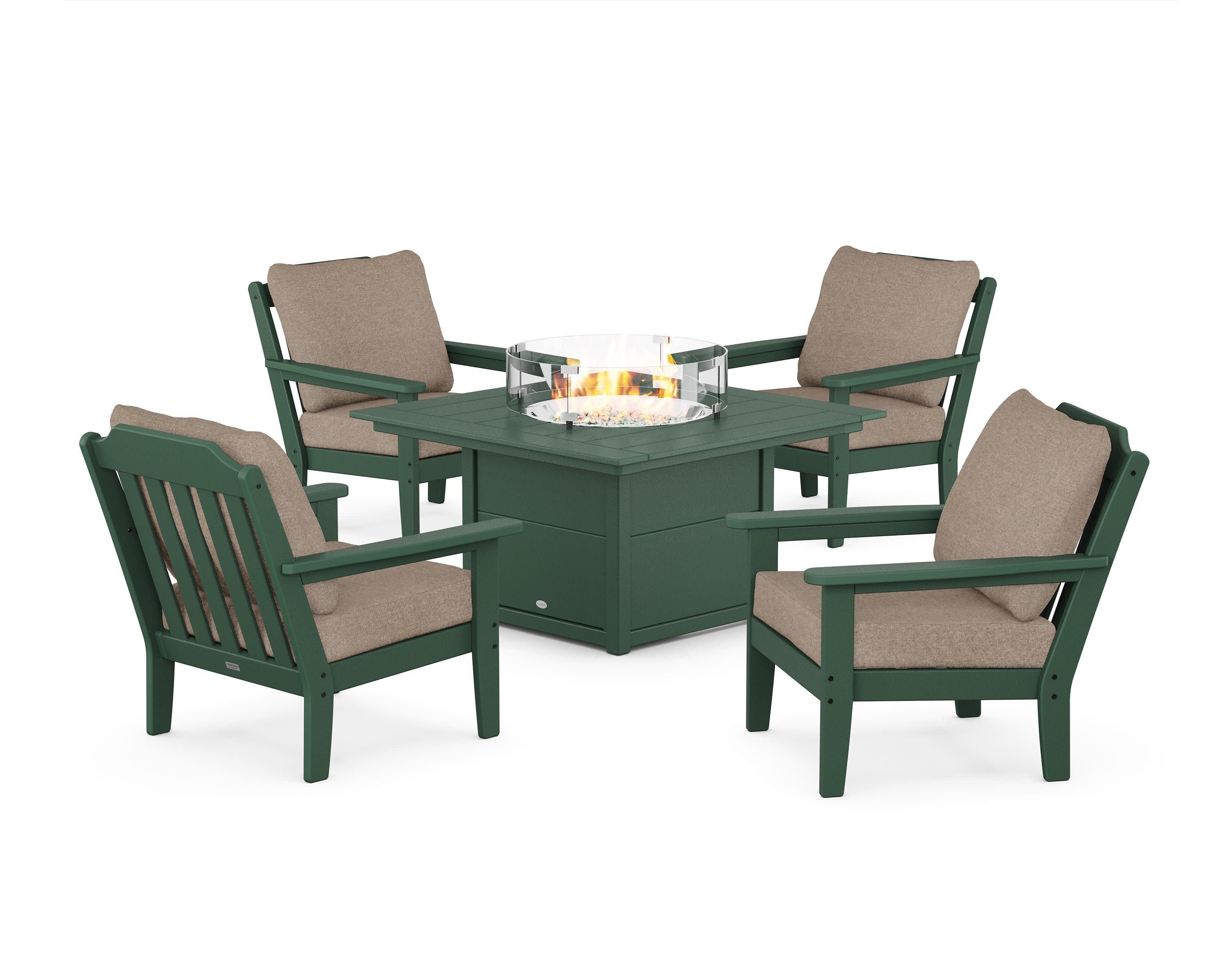 Cottage 5-Piece Deep Seating Set with Fire Pit Table in Green / Spiced Burlap