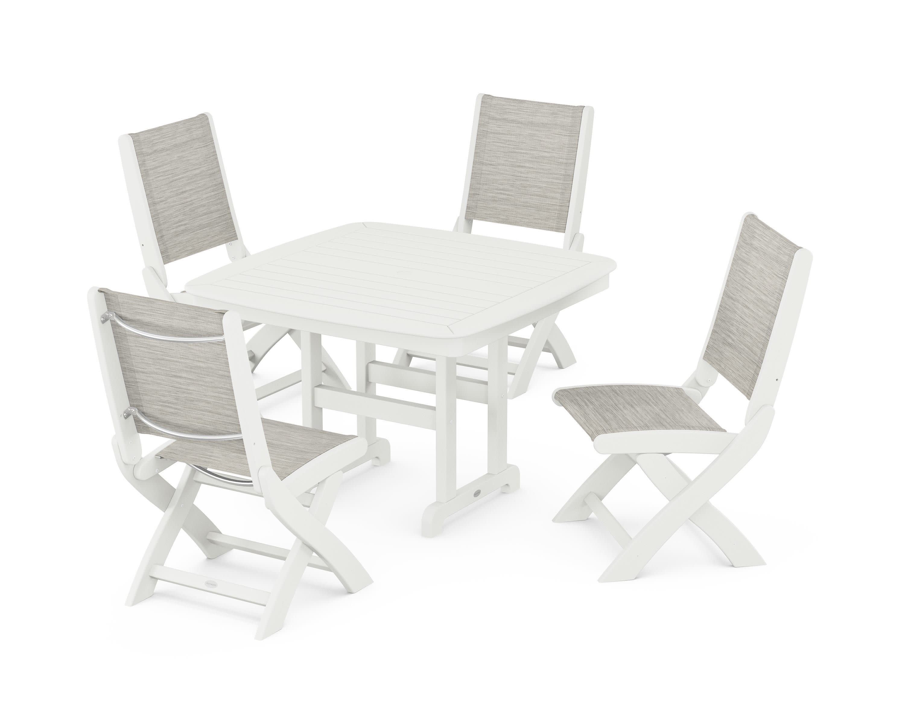 Coastal Folding Side Chair 5-Piece Dining Set in Vintage White / Birch Sling