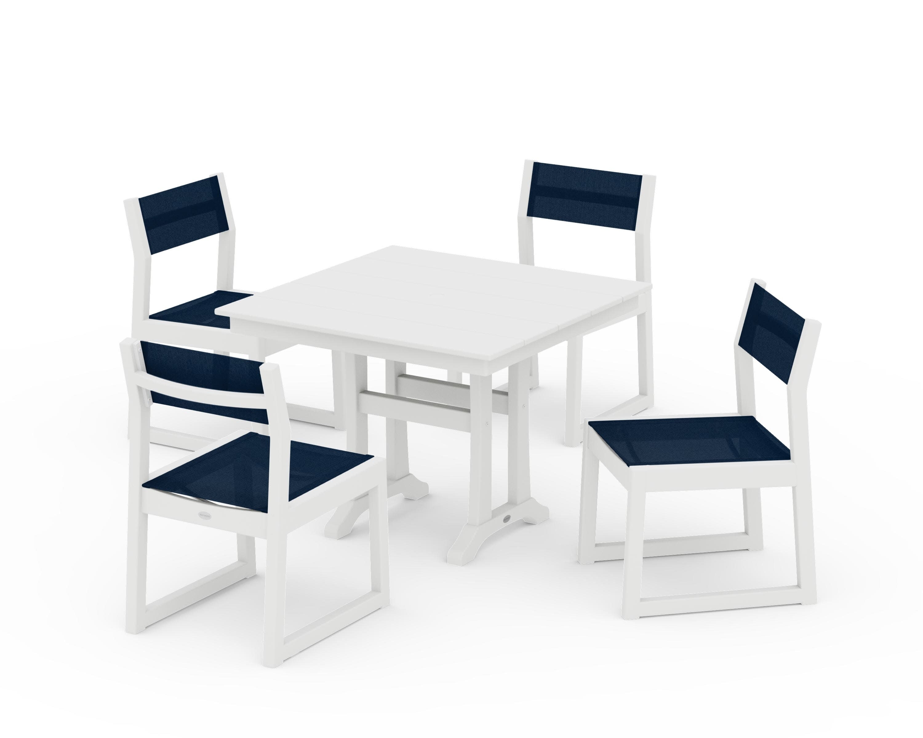 EDGE Sling 5-Piece Farmhouse Trestle Side Chair Dining Set in White / Navy Blue Sling