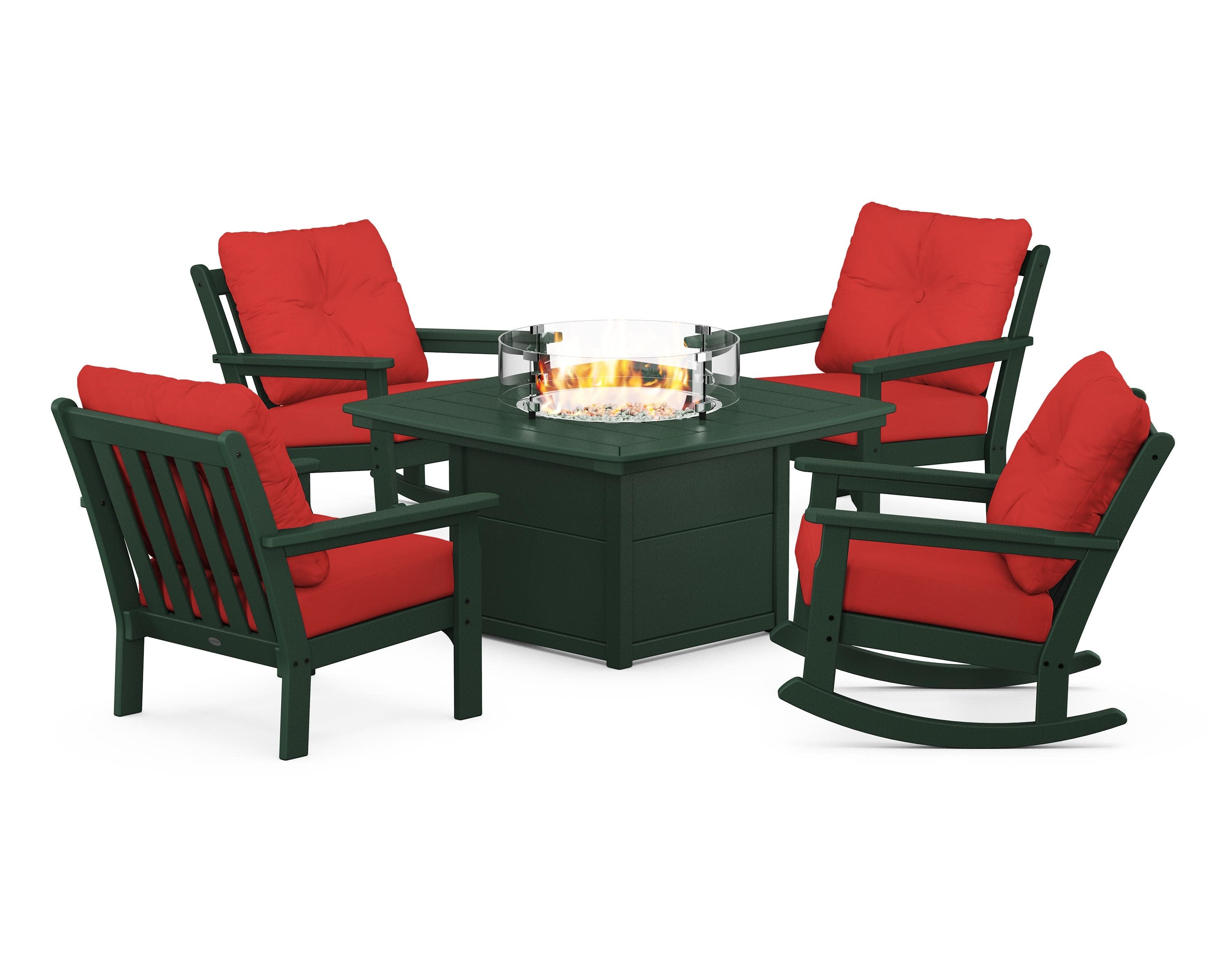 Vineyard 5-Piece Deep Seating Rocking Chair Conversation Set with Fire Pit Table in Green / Crimson Linen
