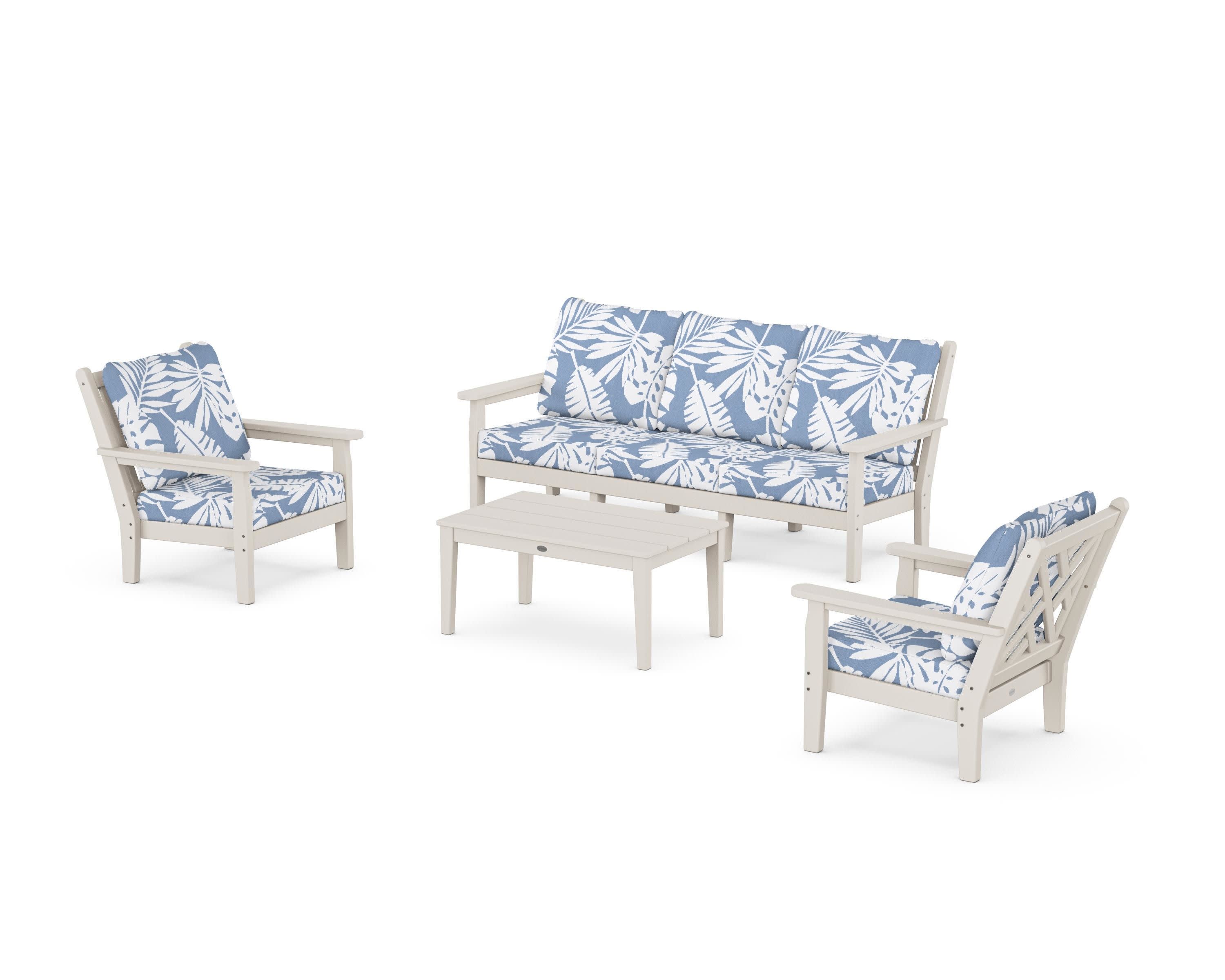 Chippendale 4-Piece Deep Seating Set with Sofa in Sand / Leaf Sky Blue