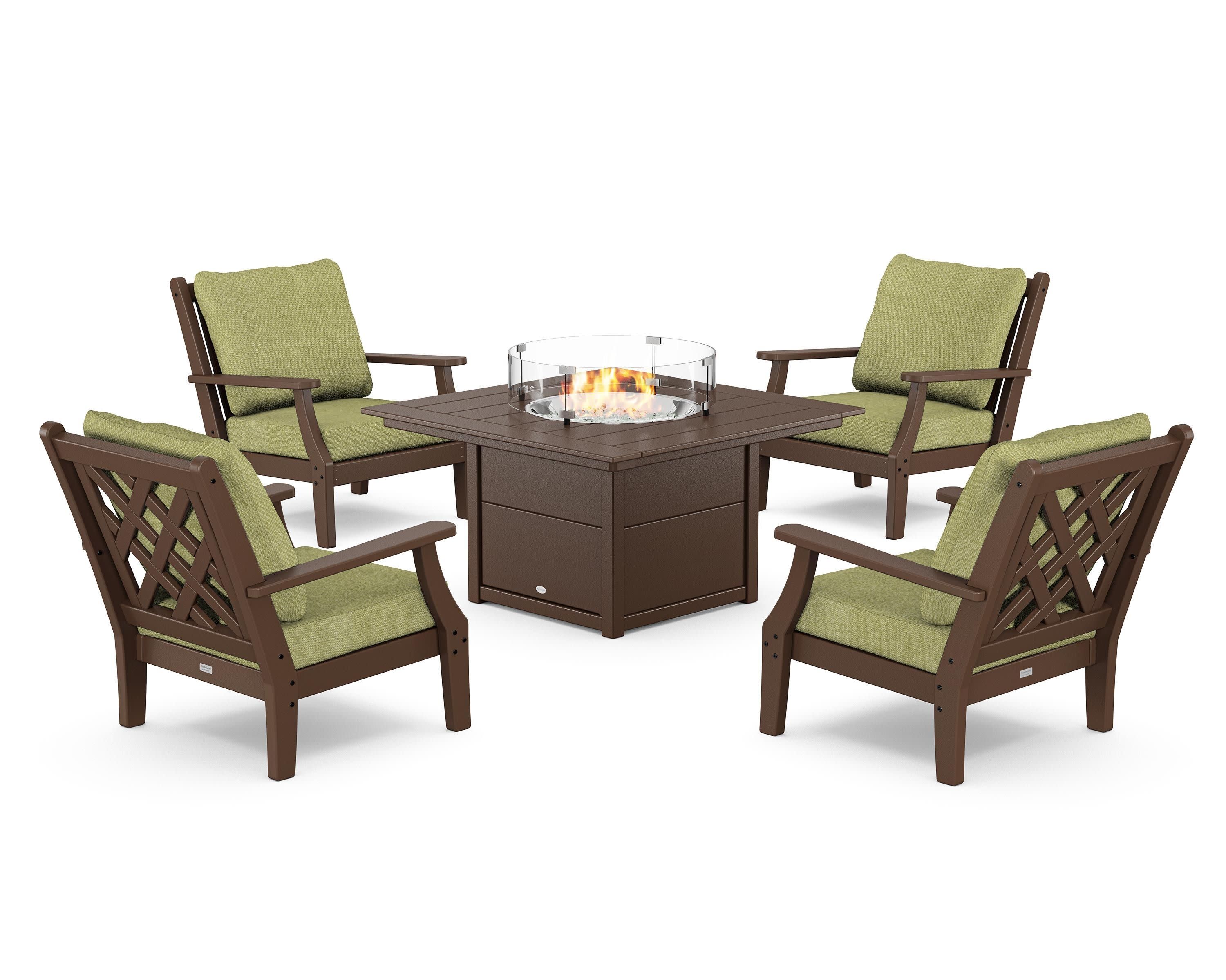 Wovendale 5-Piece Deep Seating Set with Fire Pit Table in Mahogany / Chartreuse Boucle