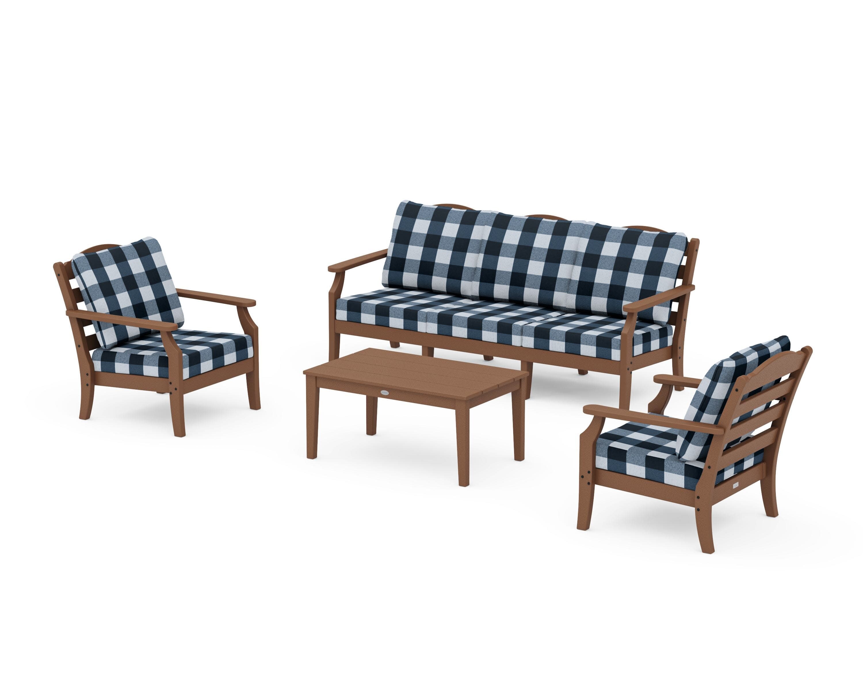 Savannah 4-Piece Deep Seating Set with Sofa in Teak / Buffalo Plaid Marine Indigo
