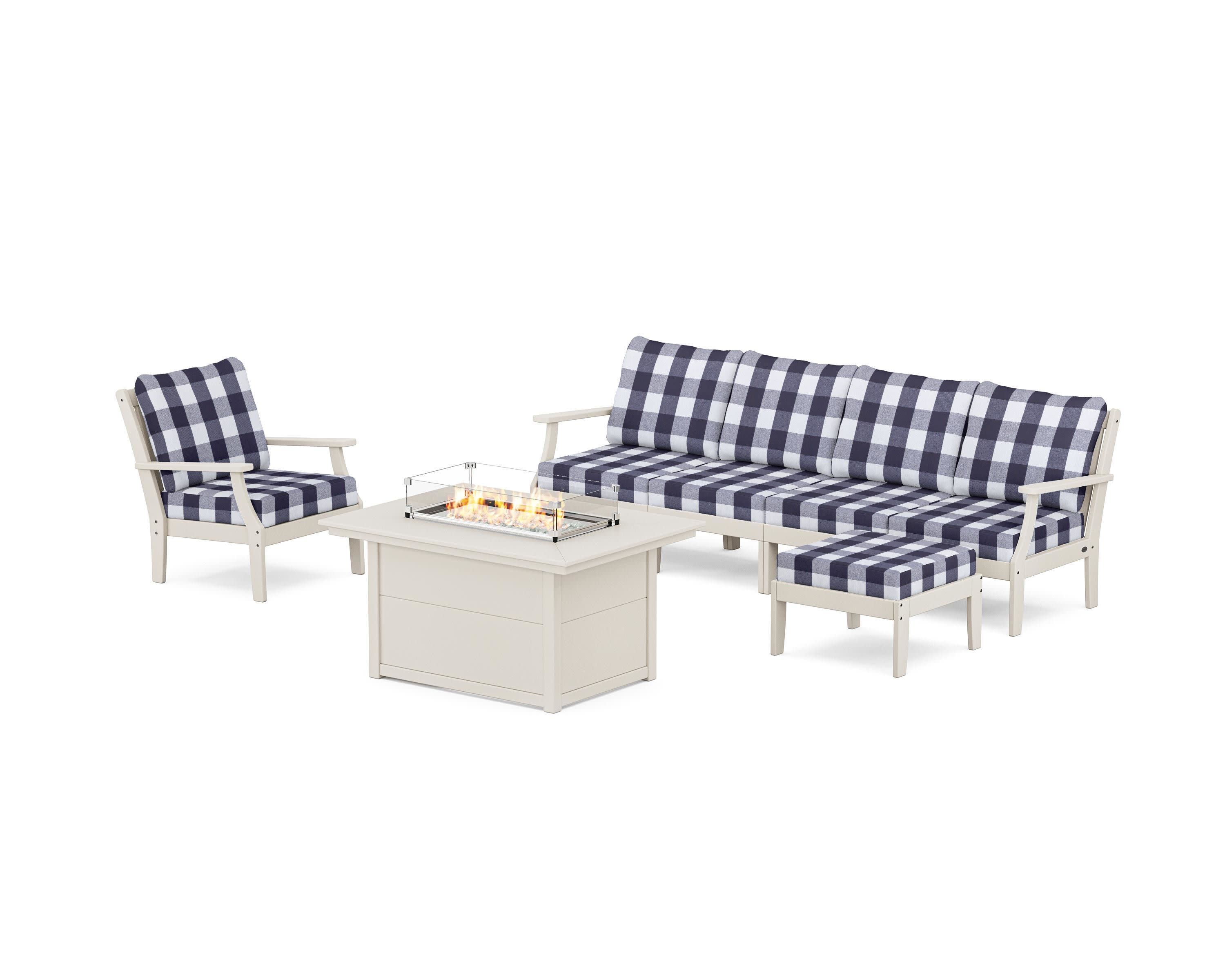 Braxton Sectional Lounge and Fire Pit Set in Sand / Buffalo Plaid Navy