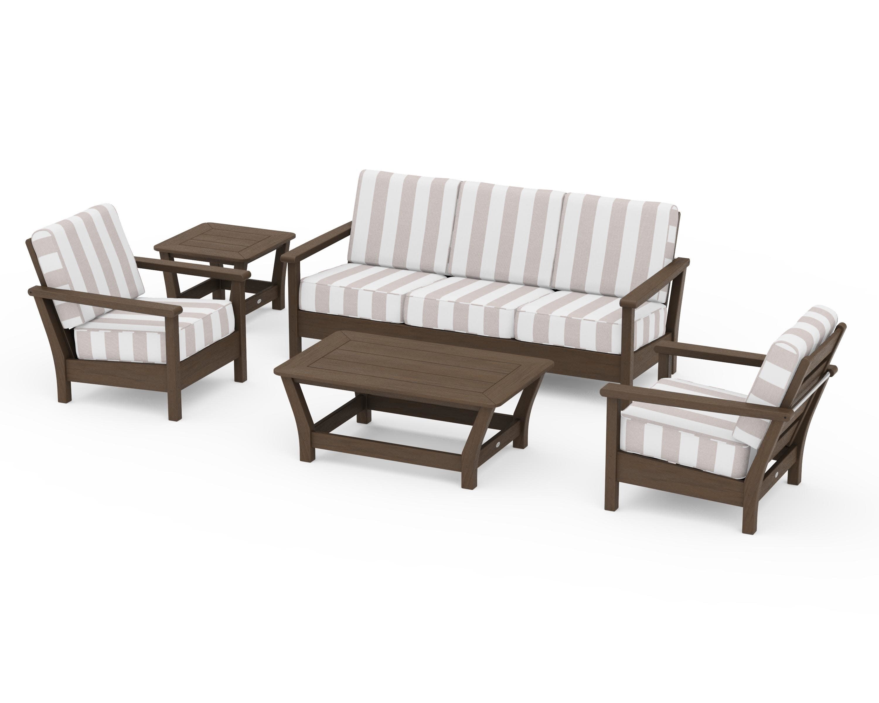 Harbour 5-Piece Deep Seating Set in Kona / Cabana Stripe Dune Burlap