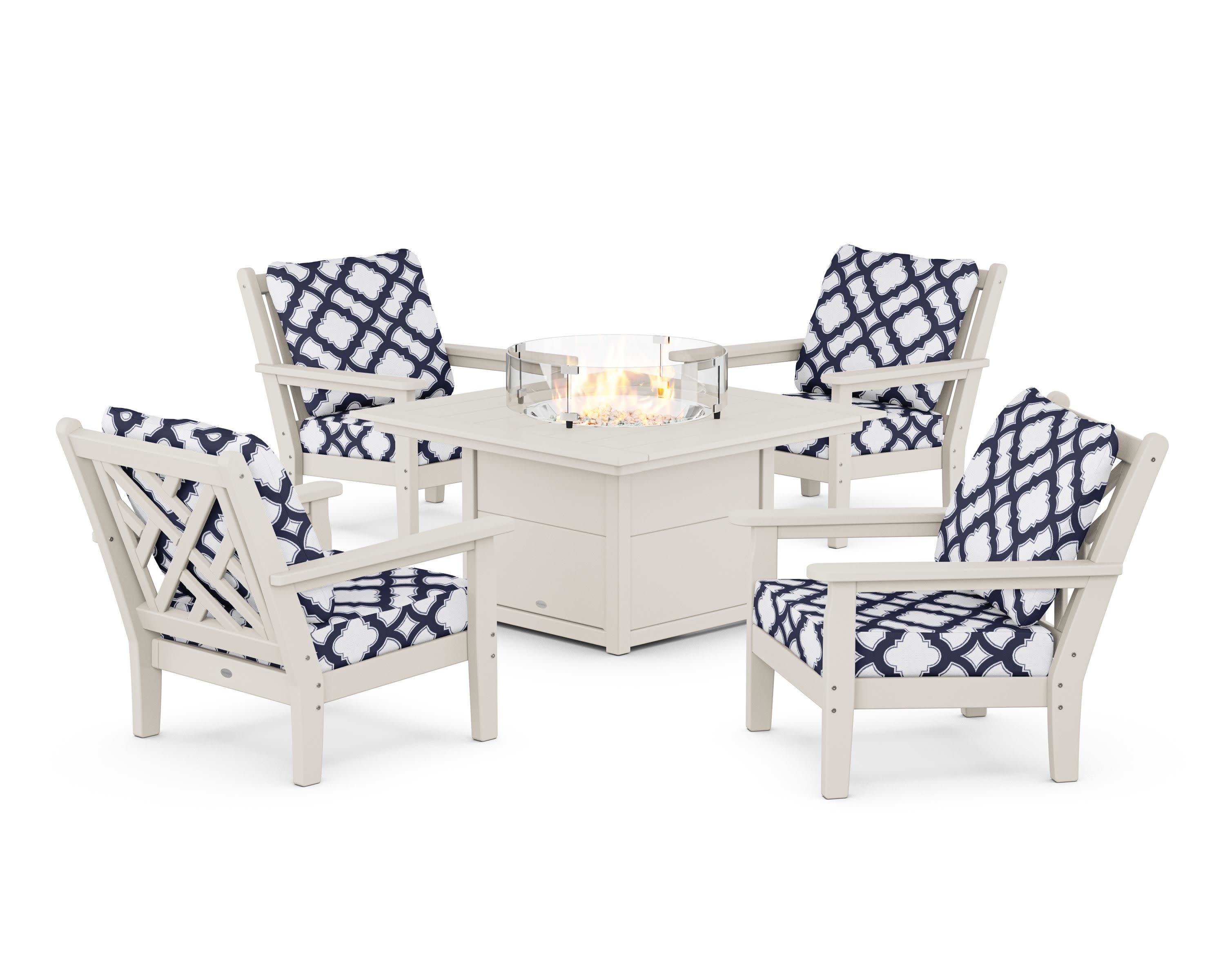 Chippendale 5-Piece Deep Seating Set with Fire Pit Table in Sand / Trellis Navy