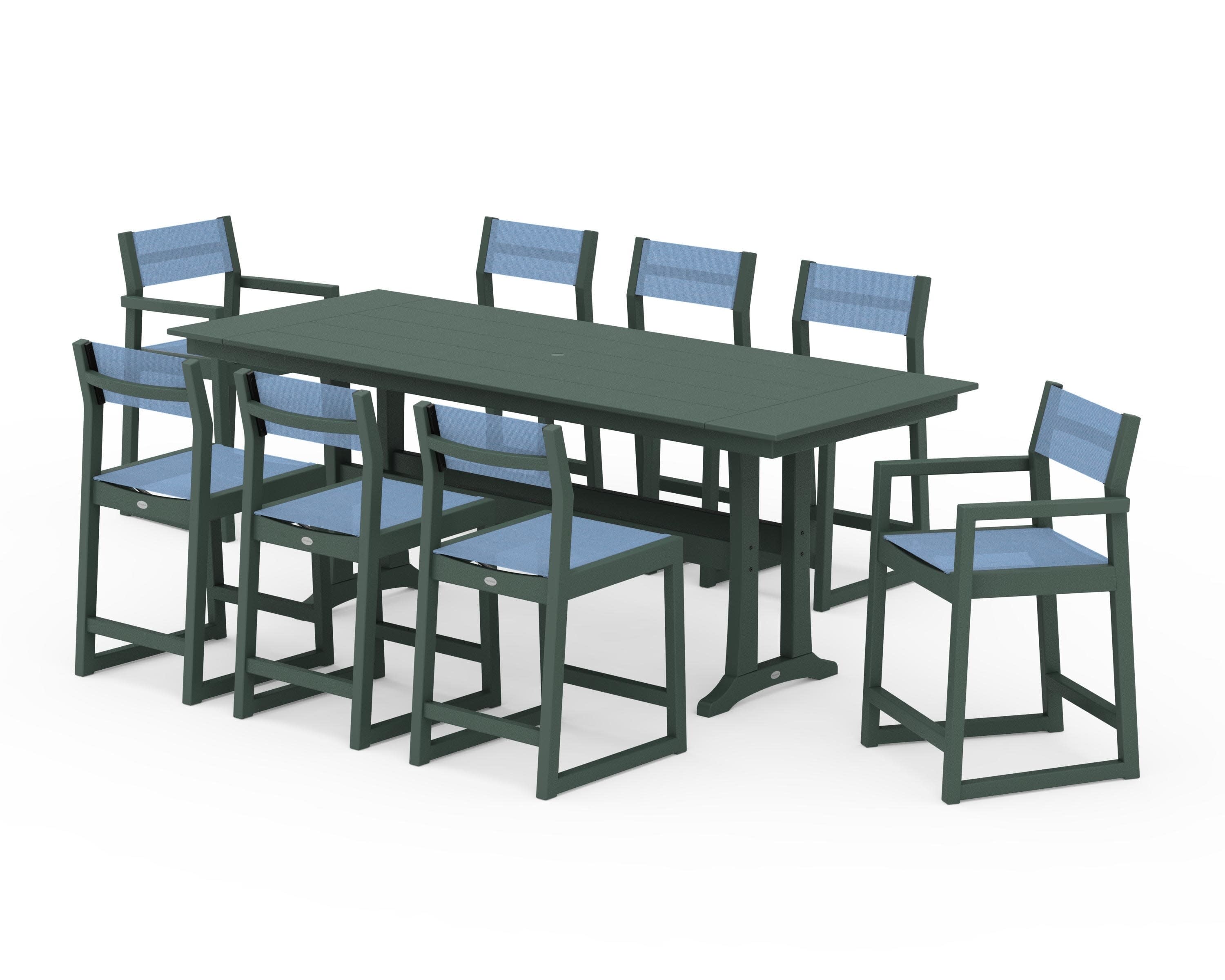 EDGE Sling 9-Piece Farmhouse Counter Set with Trestle Legs in Green / Poolside Sling