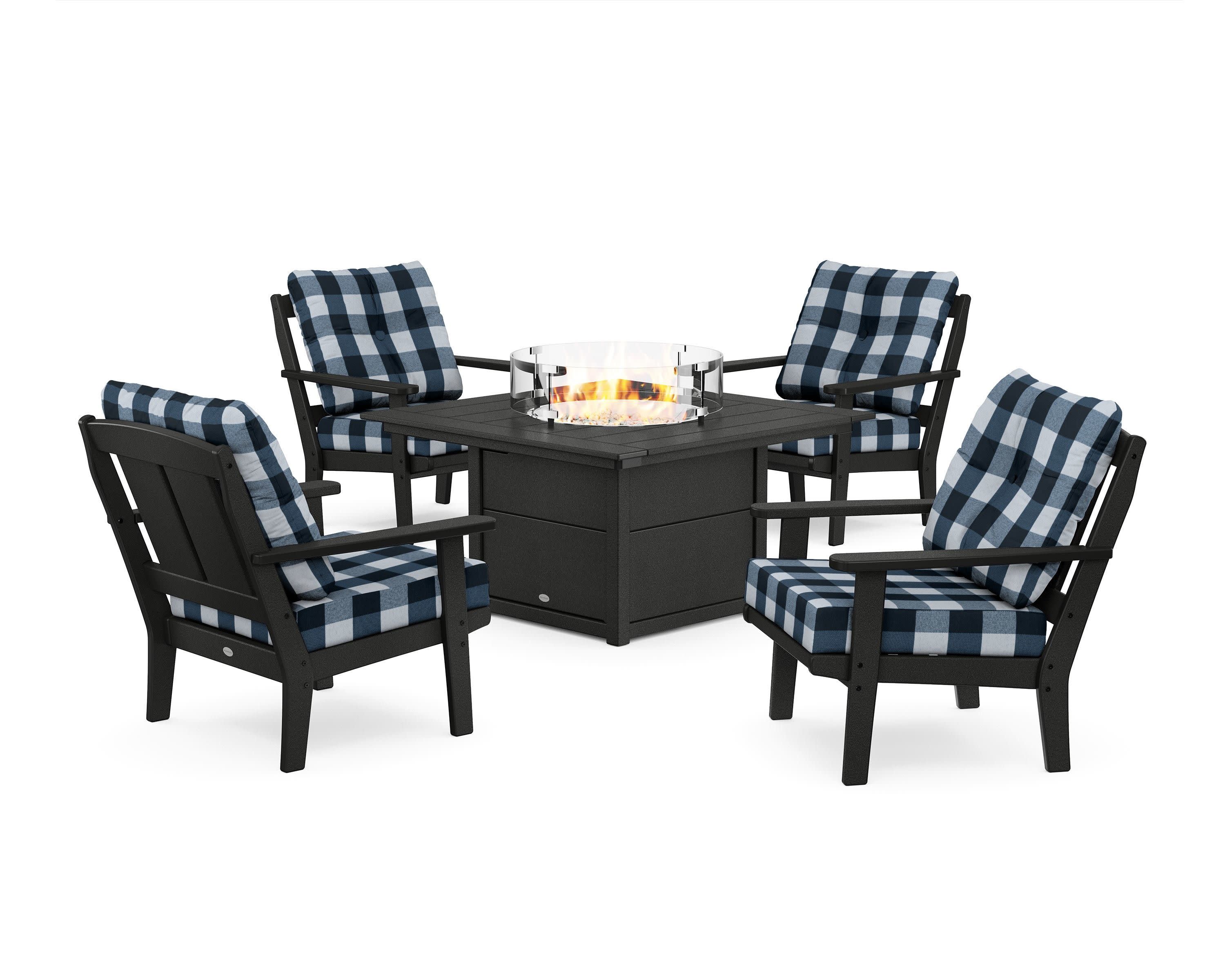 Mission 5-Piece Deep Seating Set with Fire Pit Table in Black / Buffalo Plaid Marine Indigo