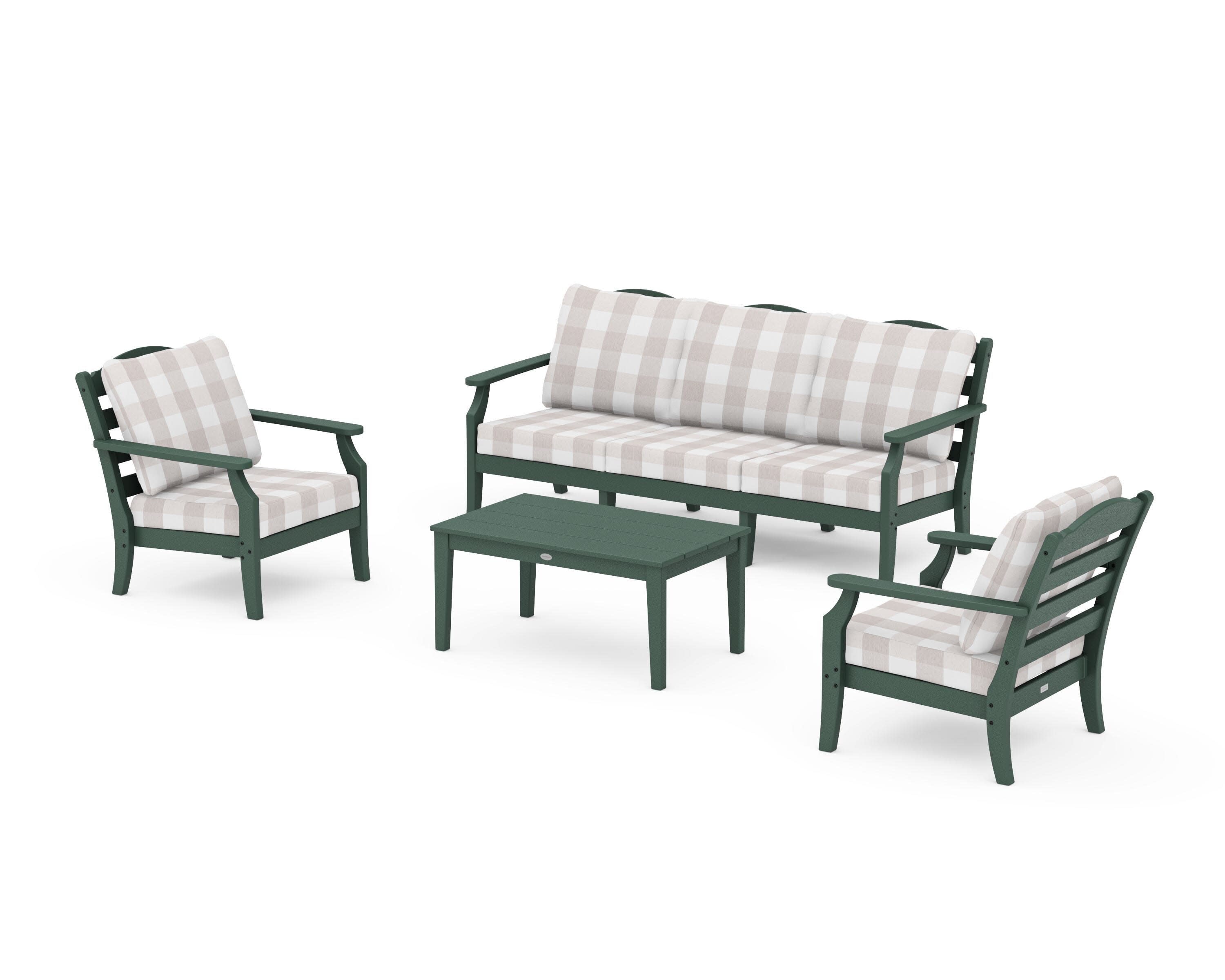 Savannah 4-Piece Deep Seating Set with Sofa in Green / Buffalo Plaid Dune Burlap