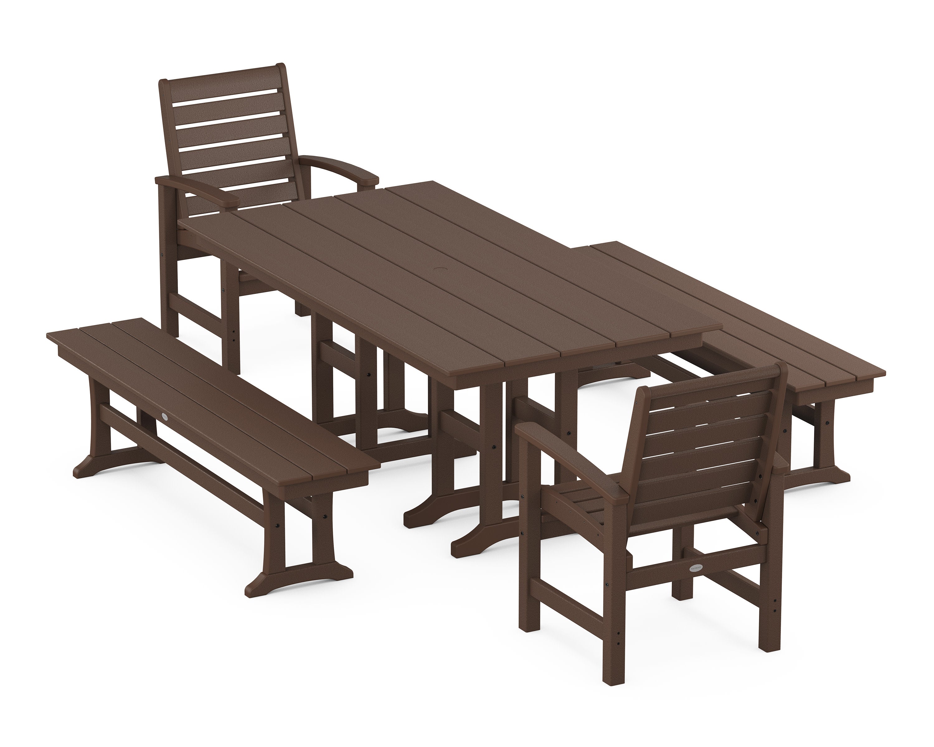 Signature 5-Piece Farmhouse Dining Set with Benches in Mahogany