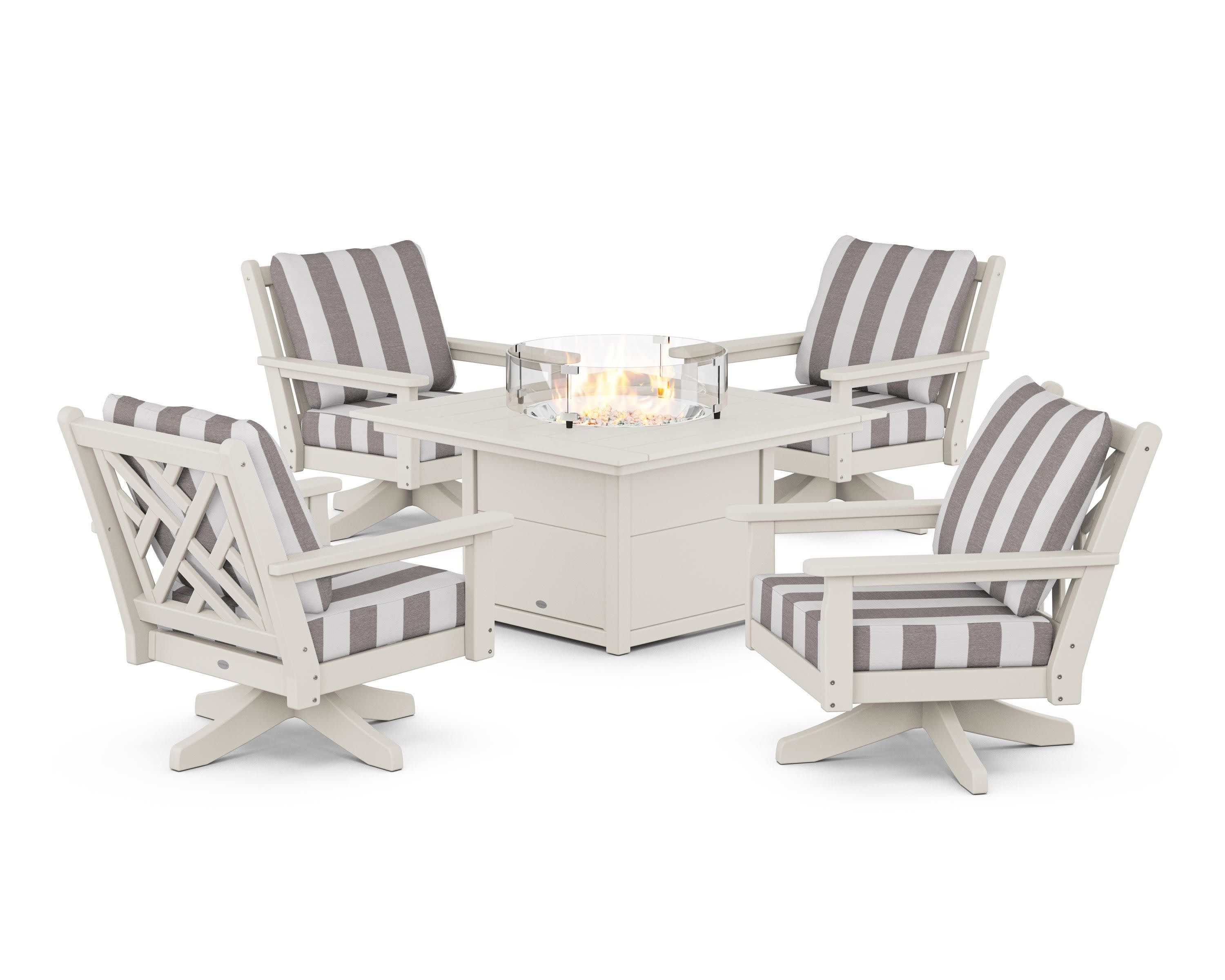 Chippendale 5-Piece Deep Seating Swivel Conversation Set with Fire Pit Table in Sand / Cabana Stripe Grey Mist