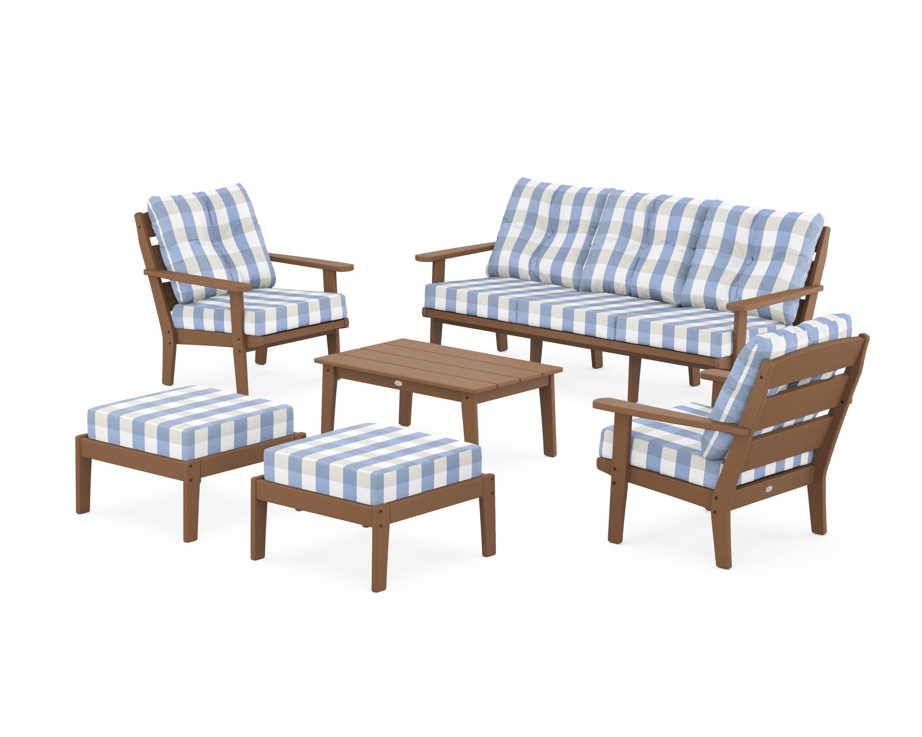 Lakeside 6-Piece Lounge Sofa Set in Teak / Buffalo Plaid Sky Blue