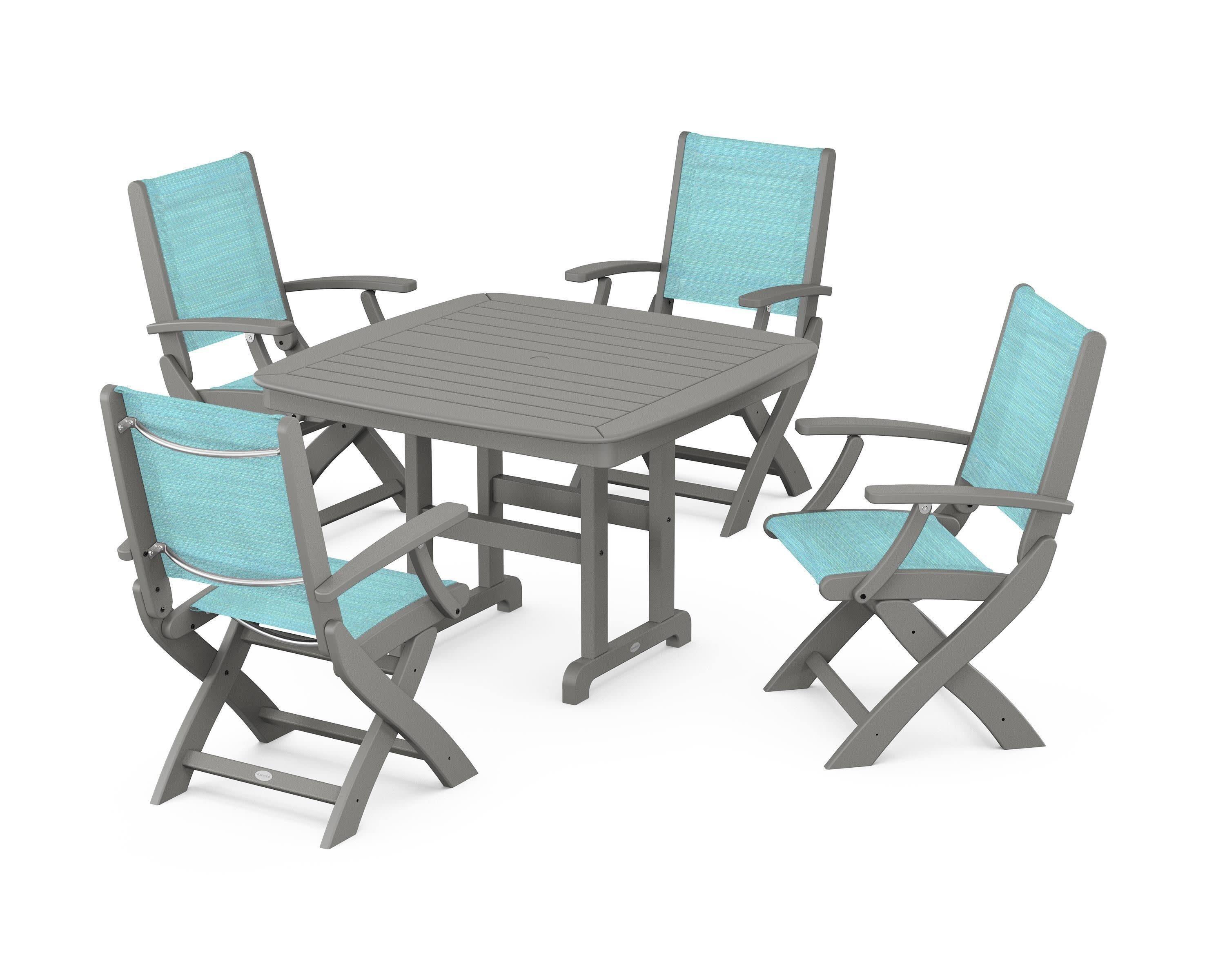 Coastal Folding Chair 5-Piece Dining Set in Slate Grey / Dupioni Aquamarine Sling