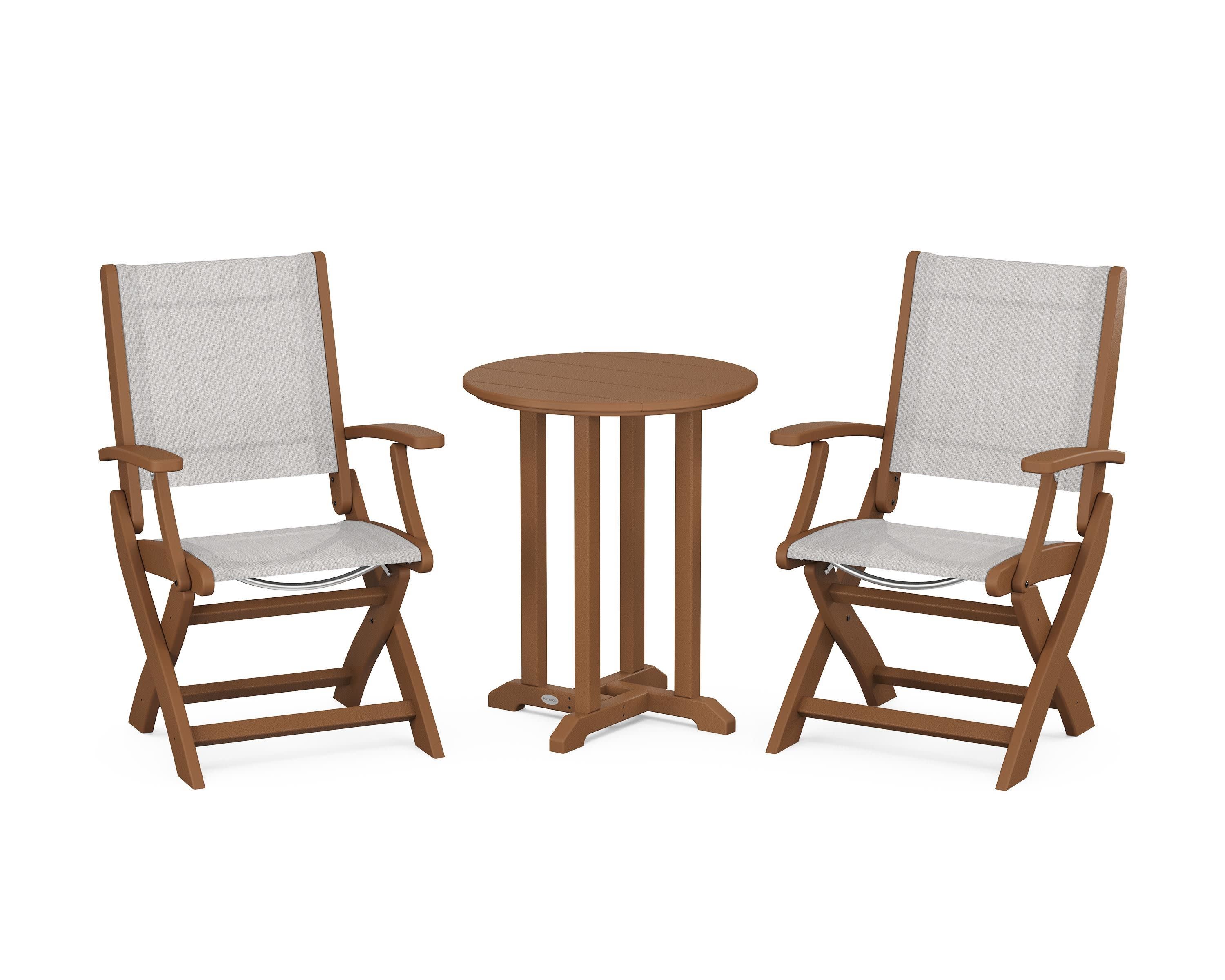 Coastal Folding 3-Piece Round Bistro Dining Set in Teak / Parchment Sling