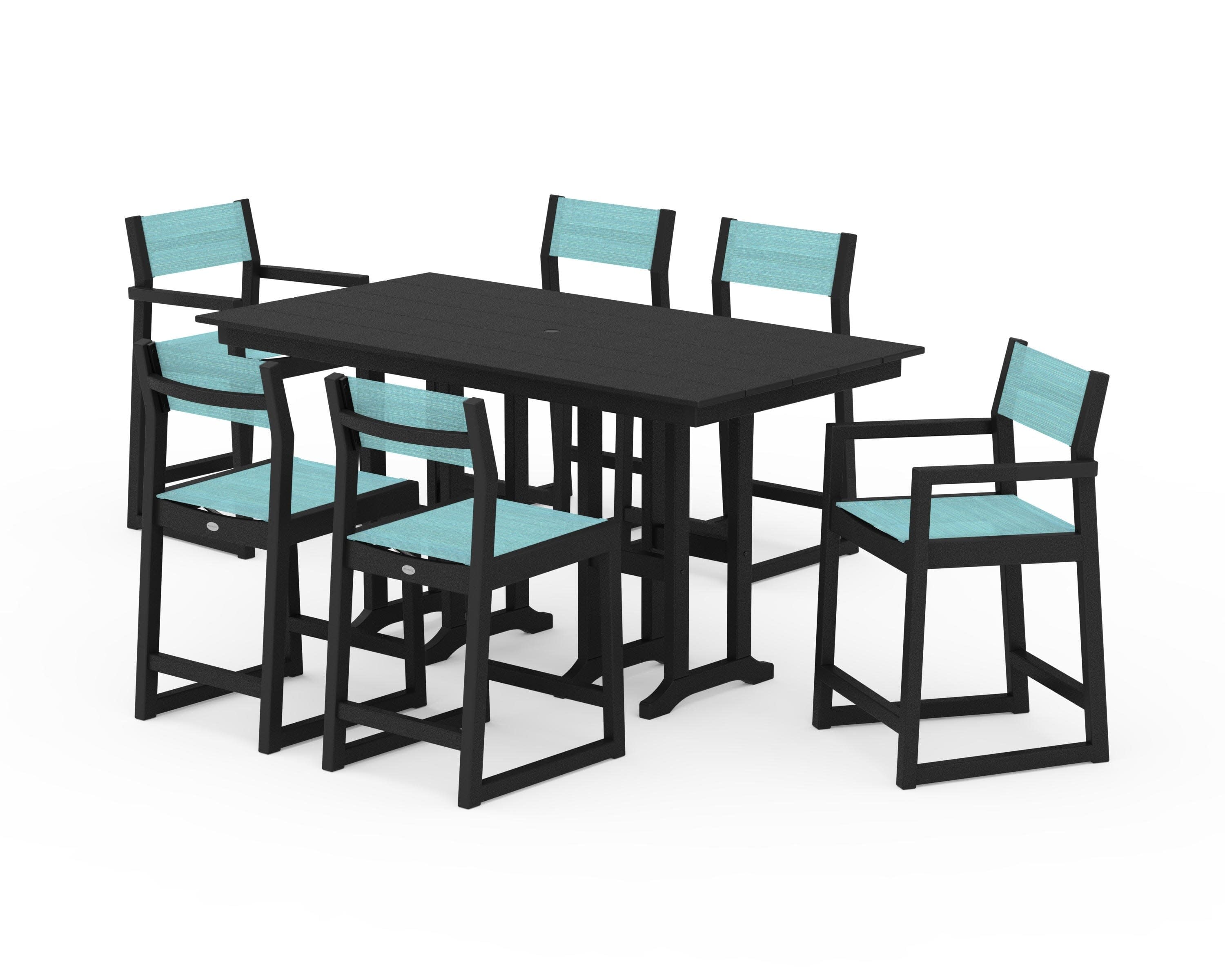 EDGE Sling 7-Piece Farmhouse Counter Set in Black / Dupioni Aquamarine Sling