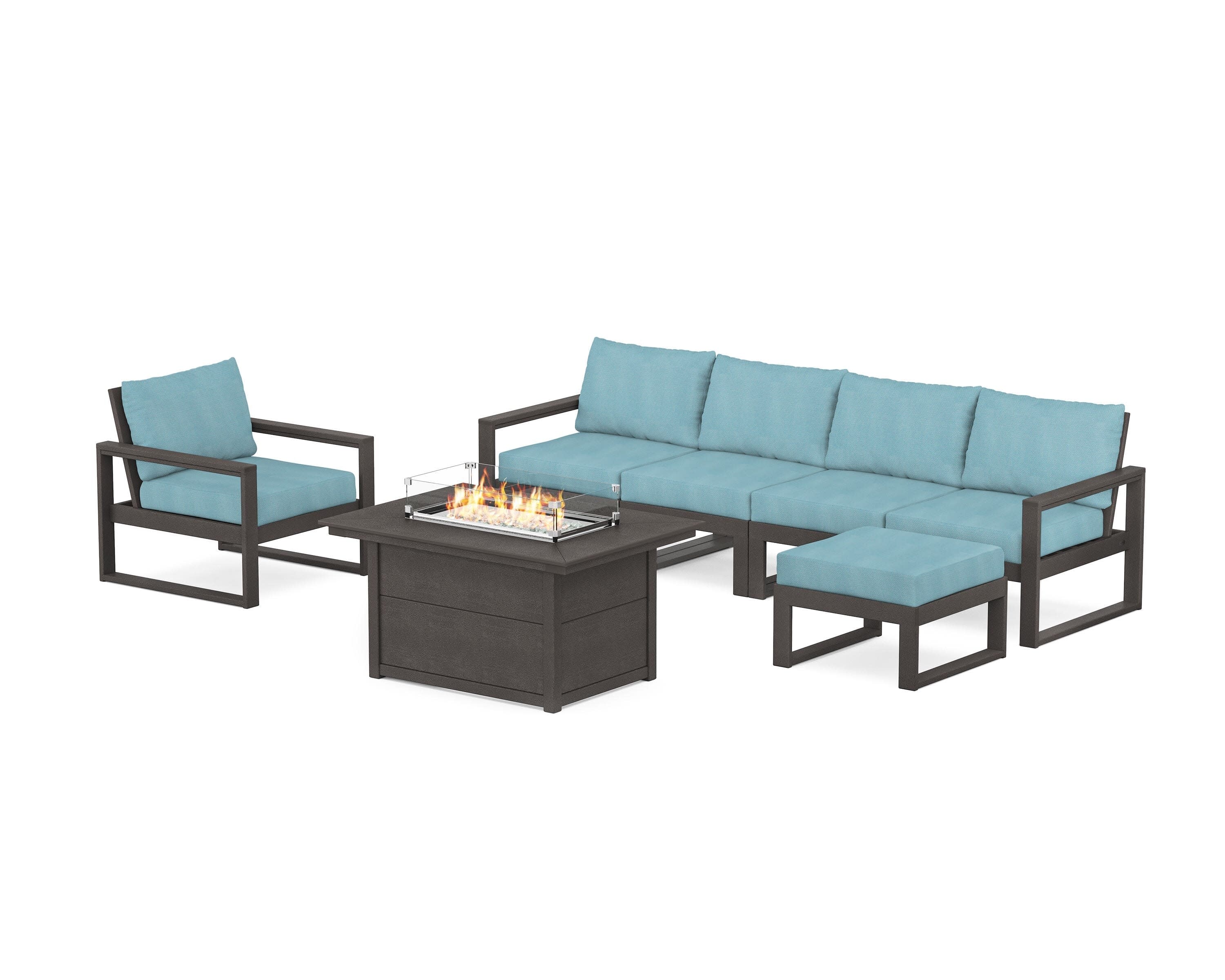 EDGE Sectional Lounge and Fire Pit Set in Vintage Coffee / Lattice Sky Blue
