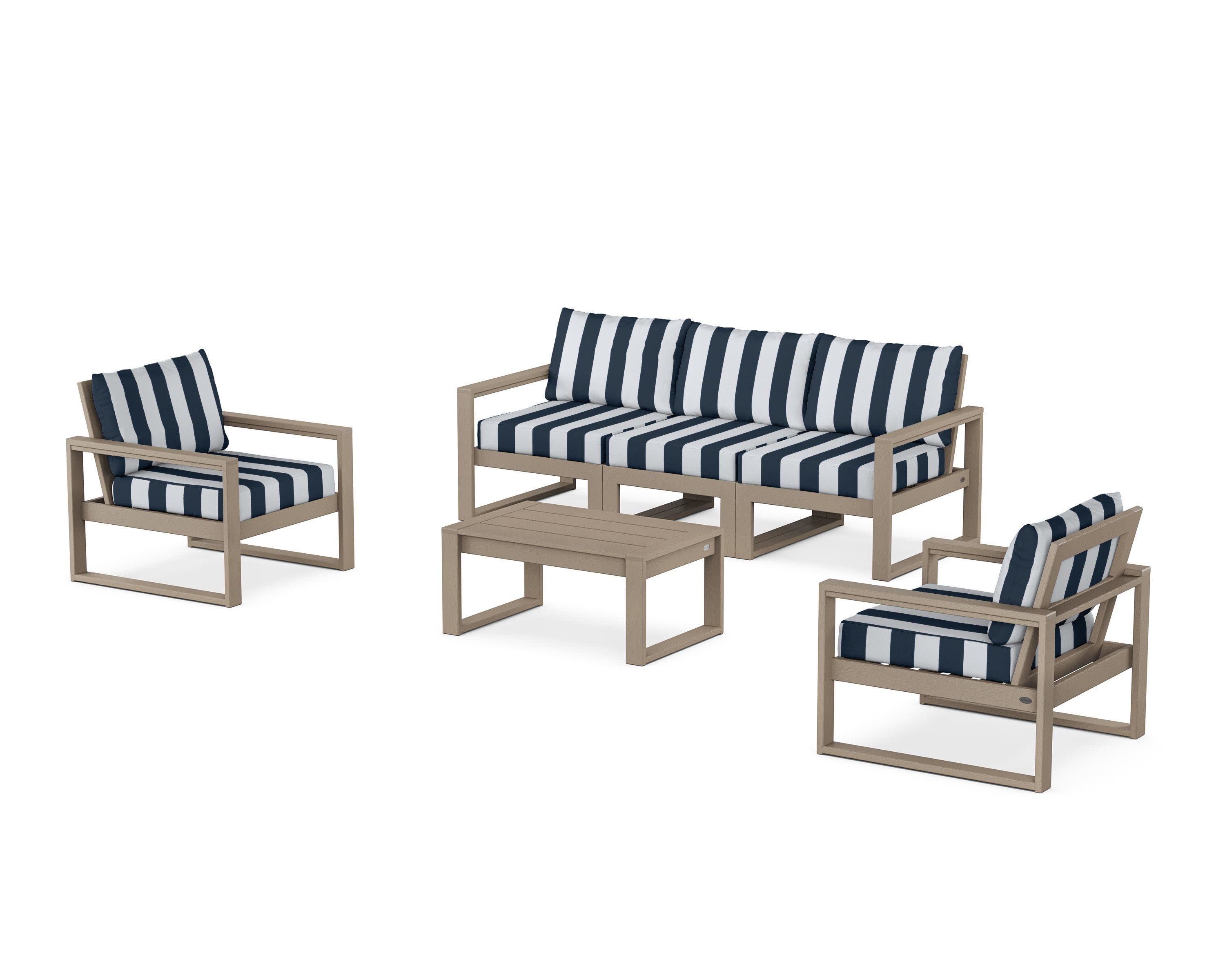 EDGE Sectional 4-Piece Deep Seating Set with Sofa in Vintage Sahara / Cabana Stripe Marine Indigo