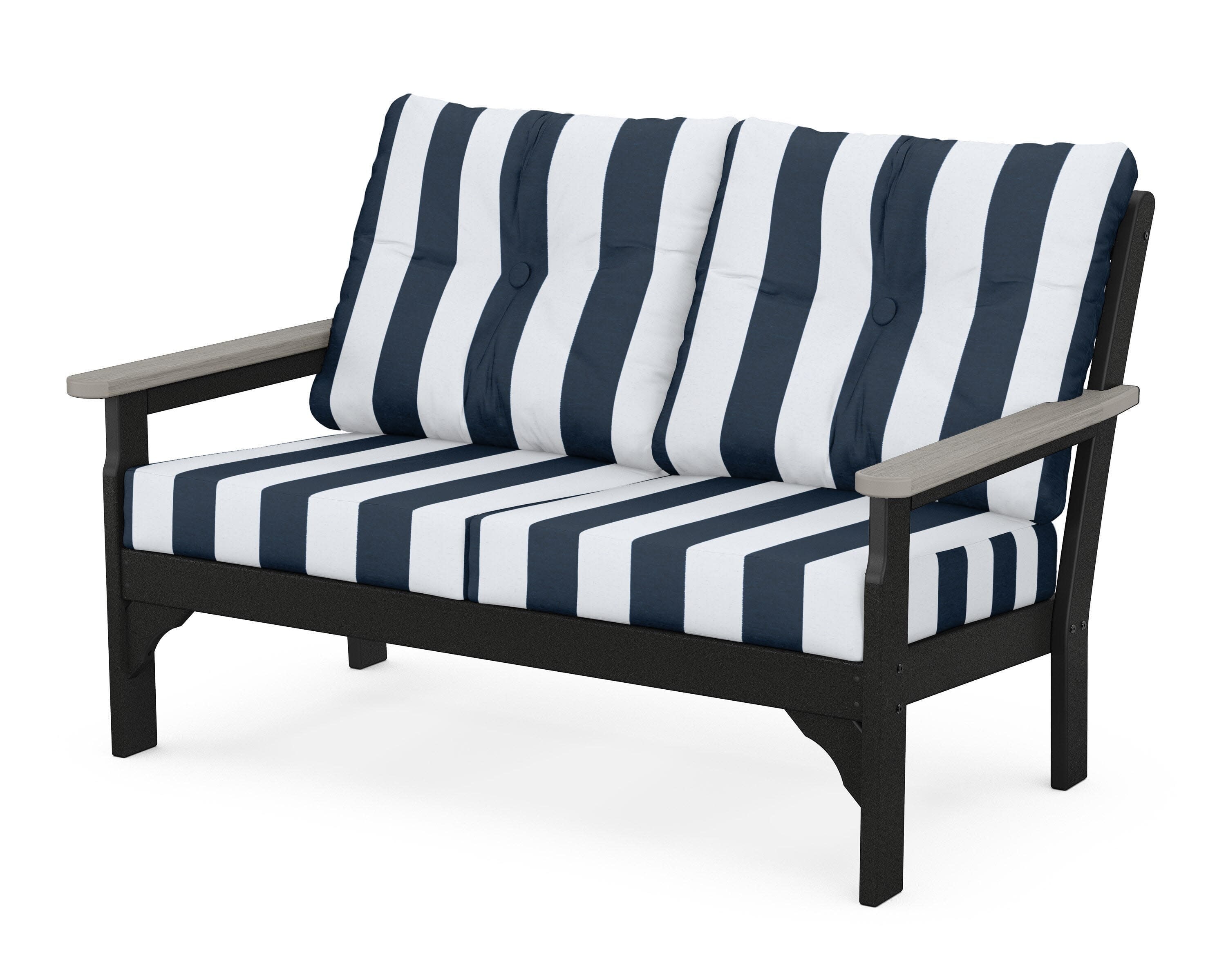 Vineyard Deep Seating Loveseat in Black / Driftwood / Cabana Stripe Marine Indigo