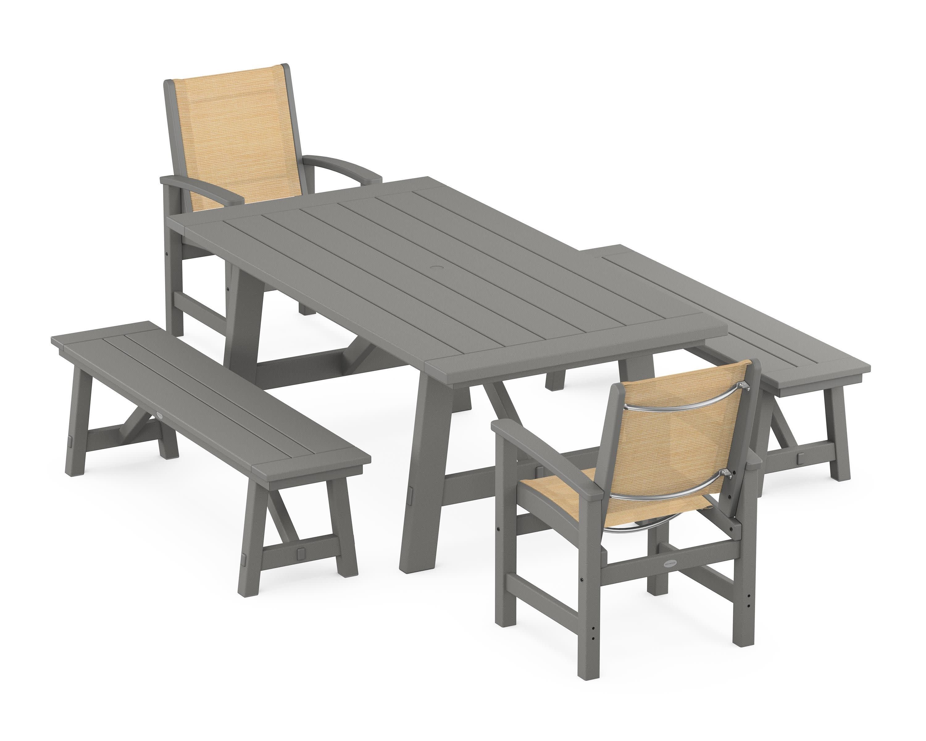 Coastal 5-Piece Rustic Farmhouse Dining Set With Benches in Slate Grey / Dupioni Apricot Sling