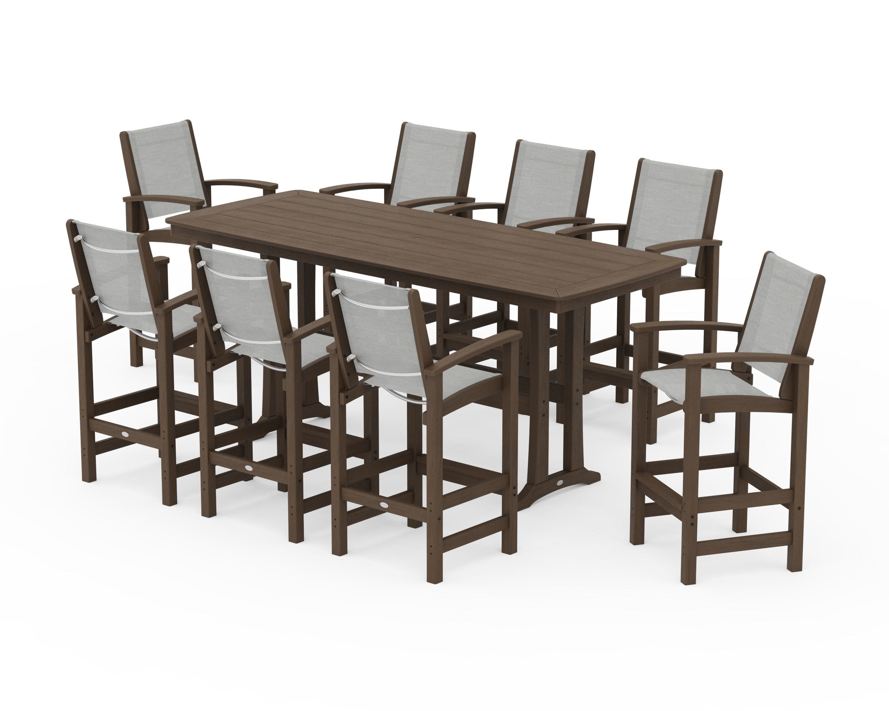 Coastal 9-Piece Bar Set with Trestle Legs in Kona / Metallic Sling