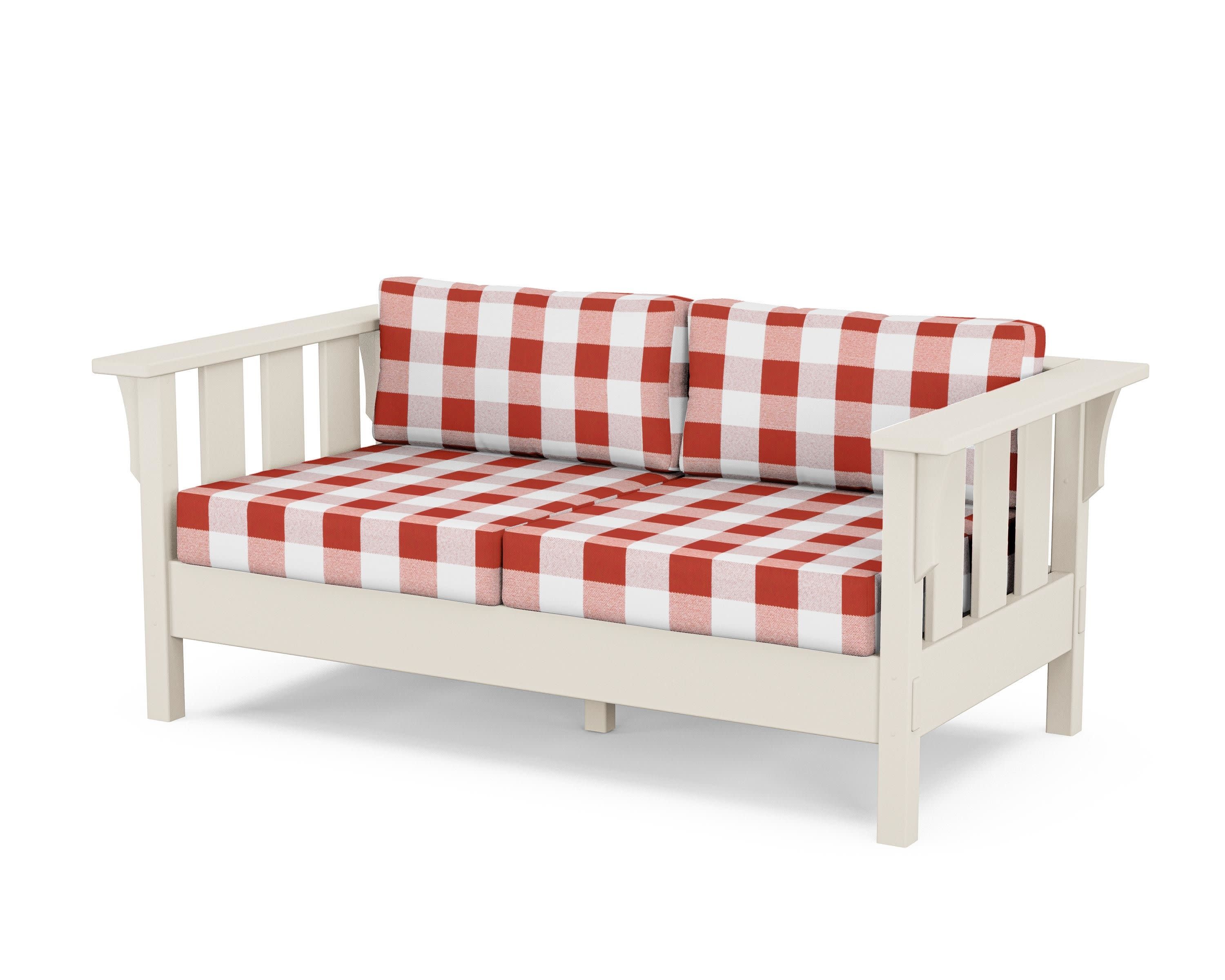 Acadia Deep Seating Loveseat in Sand / Buffalo Plaid Crimson