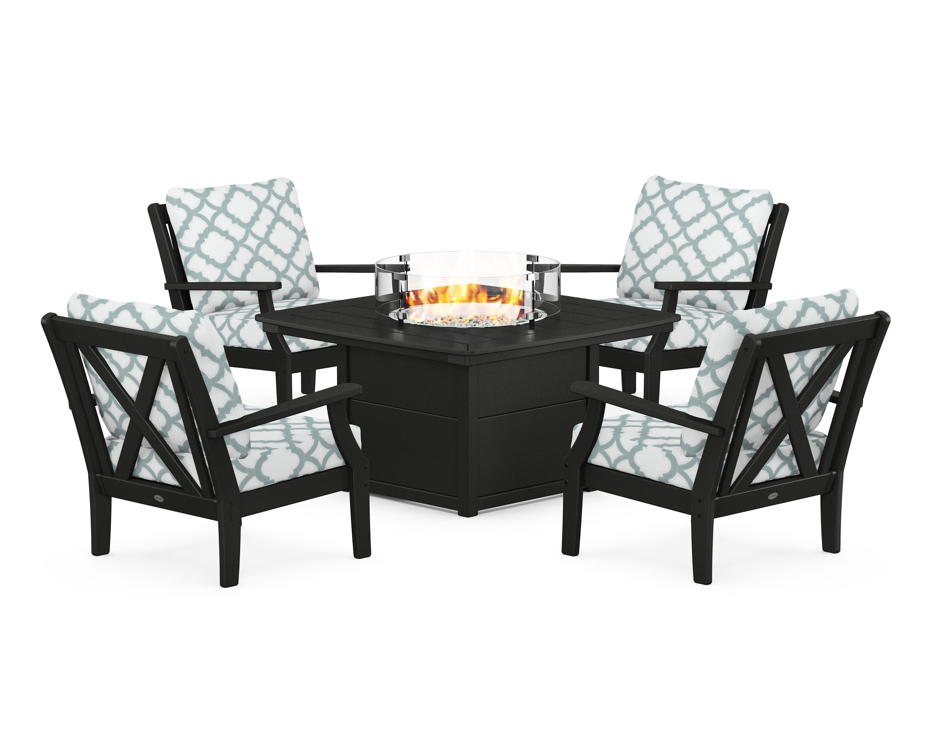 Braxton 5-Piece Deep Seating Conversation Set with Fire Pit Table in Black / Trellis Glacier Spa