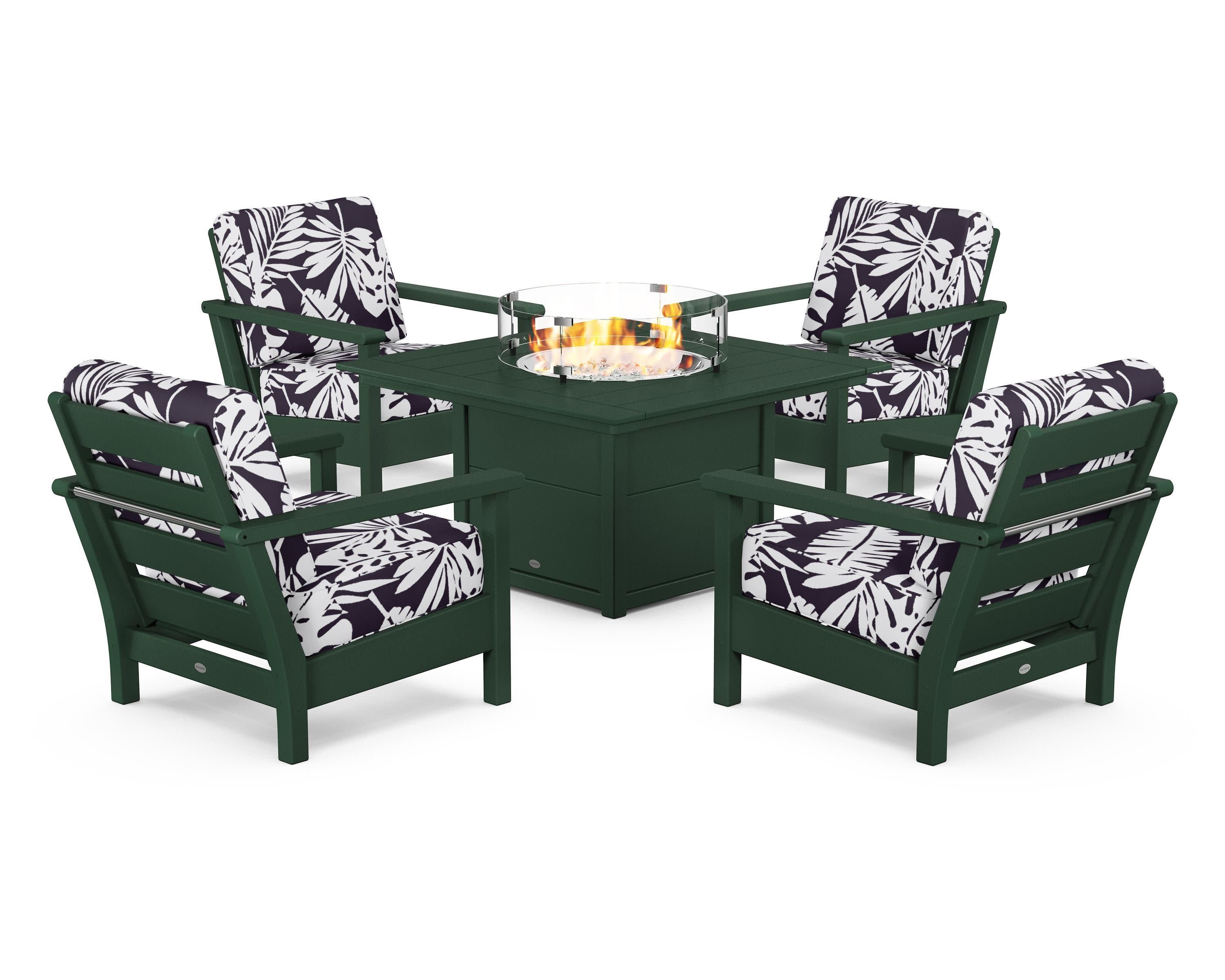 Harbour 5-Piece Conversation Set with Fire Pit Table in Green / Leaf Navy