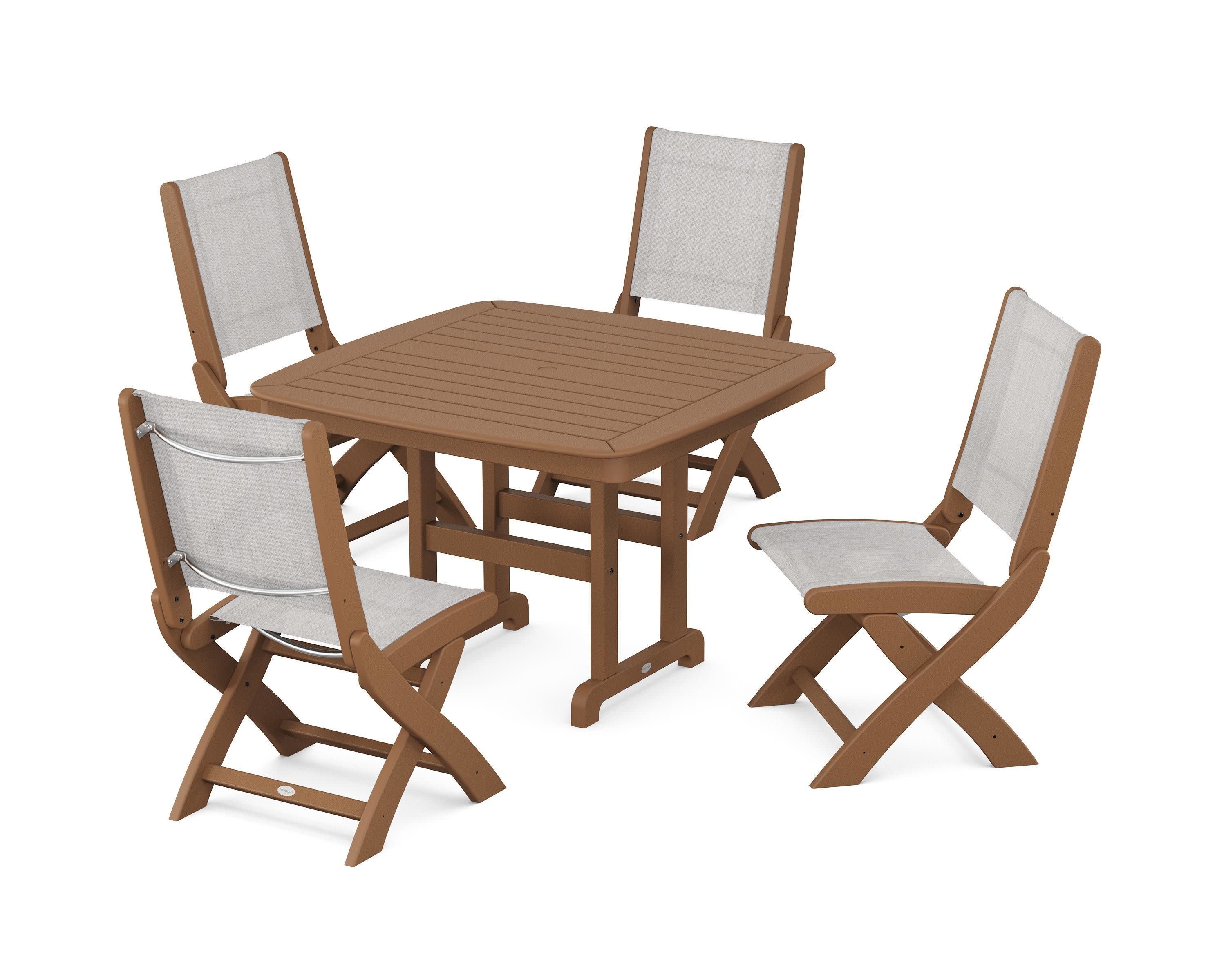 Coastal Folding Side Chair 5-Piece Dining Set in Teak / Parchment Sling