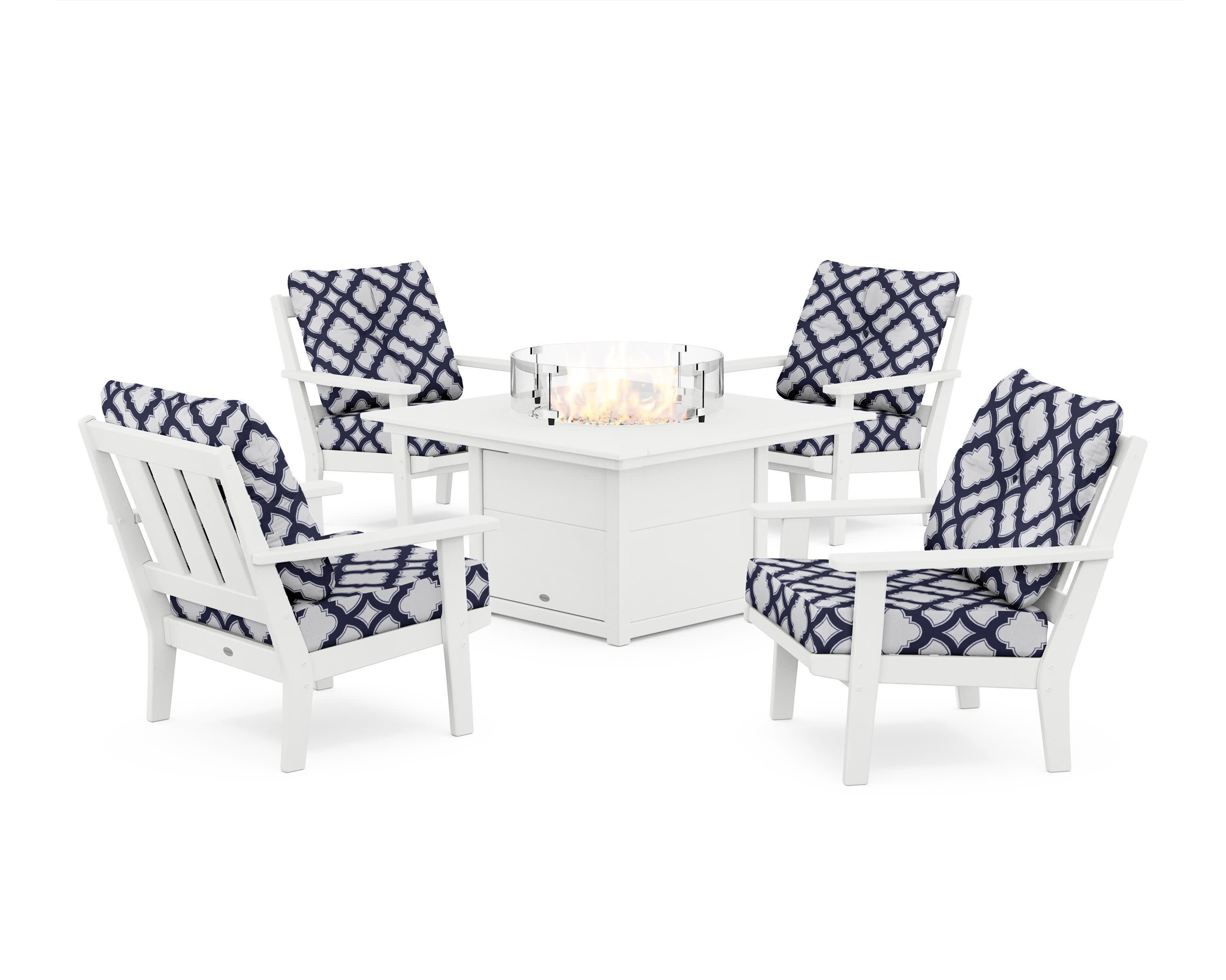 Oxford 5-Piece Deep Seating Set with Fire Pit Table in White / Trellis Navy