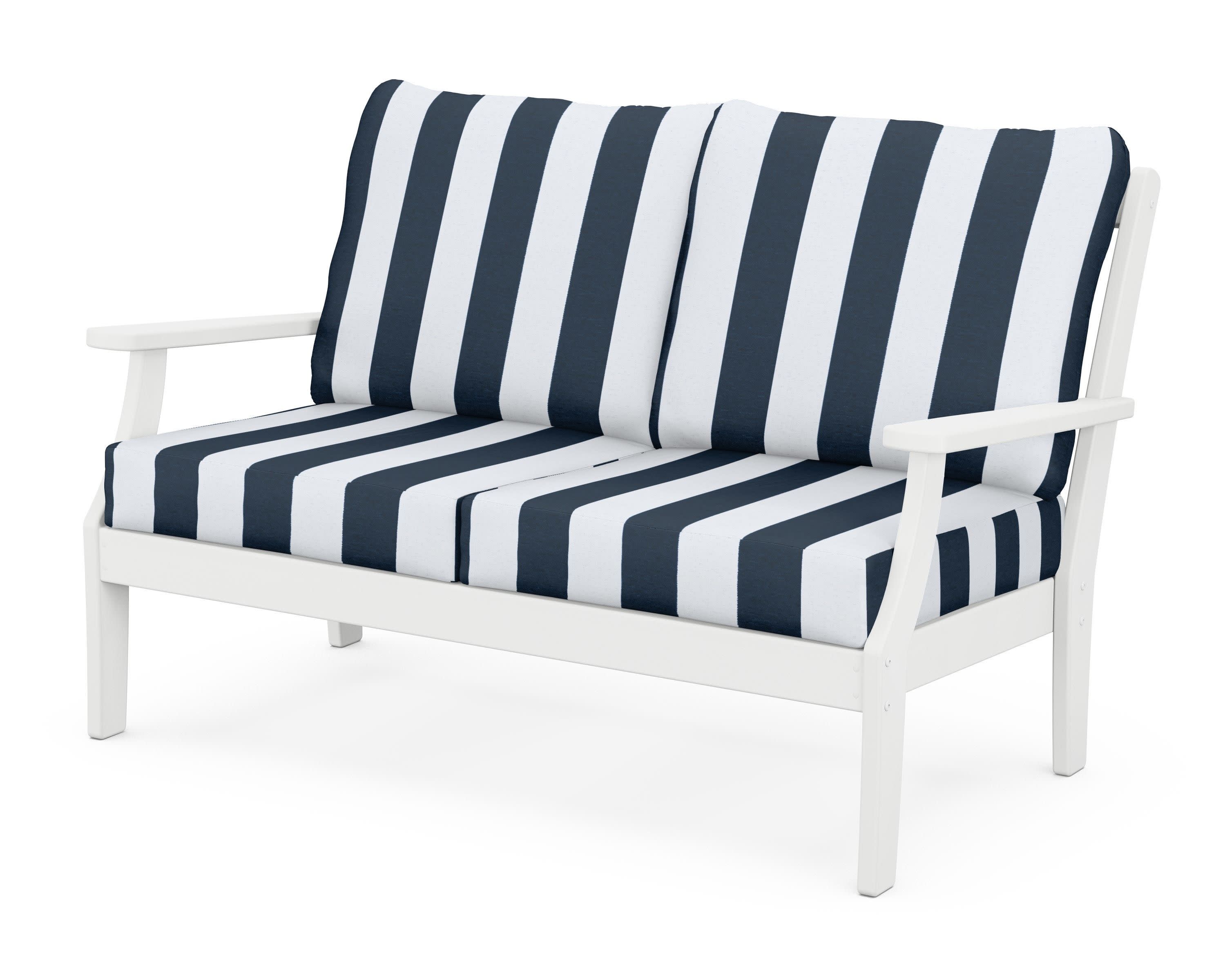 Braxton Deep Seating Loveseat in White / Cabana Stripe Marine Indigo