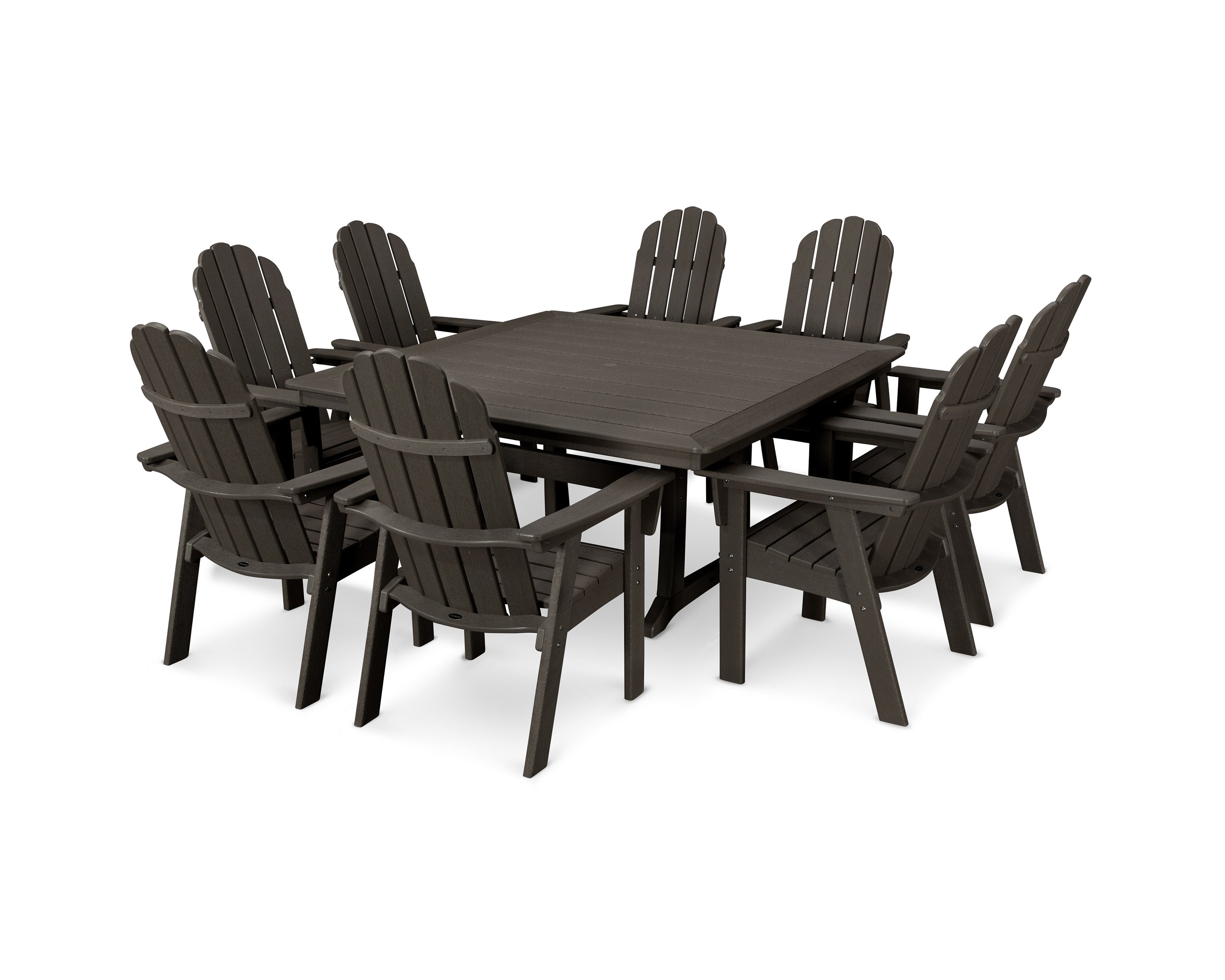 Vineyard Curveback Adirondack 9-Piece Nautical Trestle Dining Set in Vintage Coffee