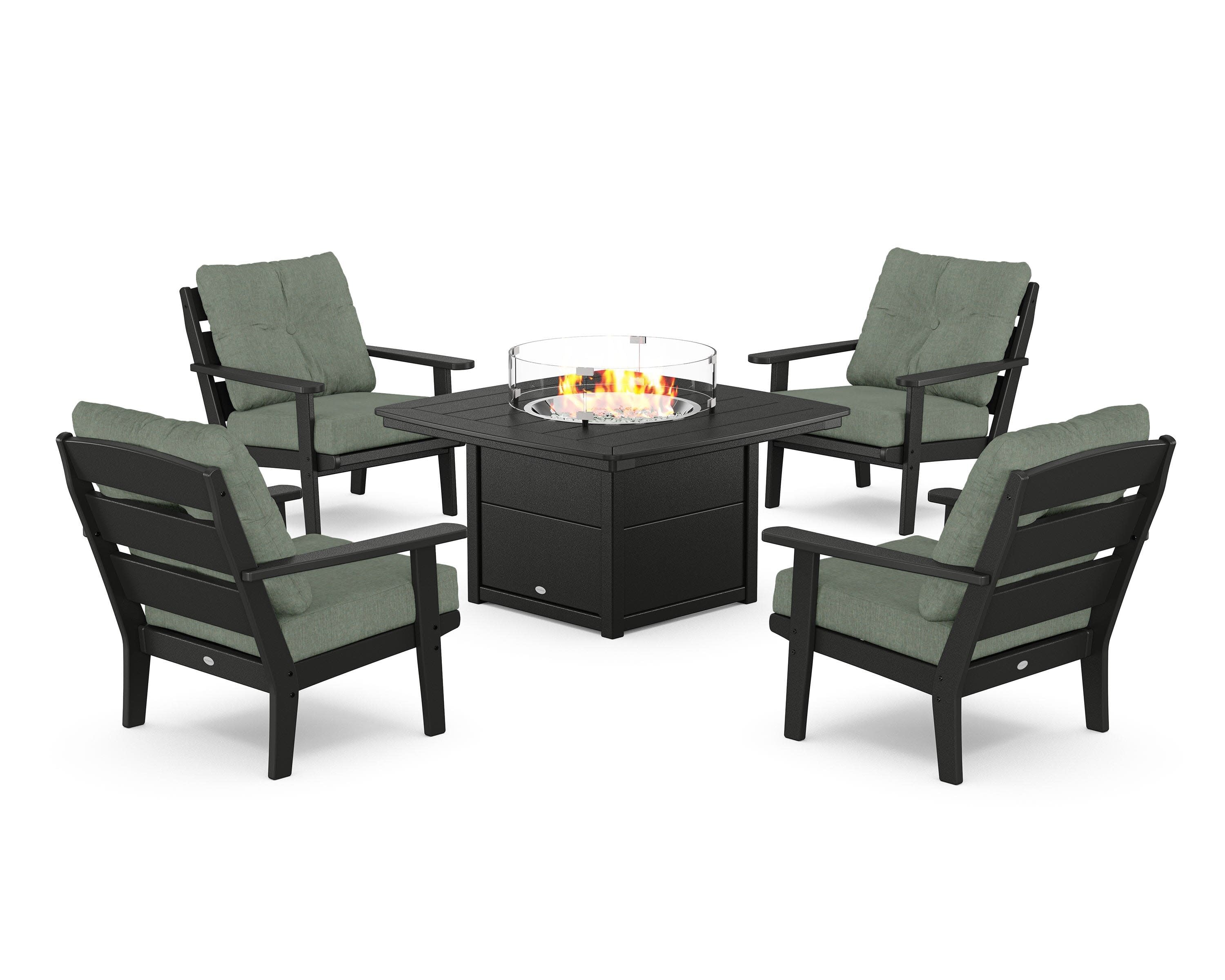 Lakeside 5-Piece Deep Seating Set with Nautical Fire Pit Table in Black / Cast Sage