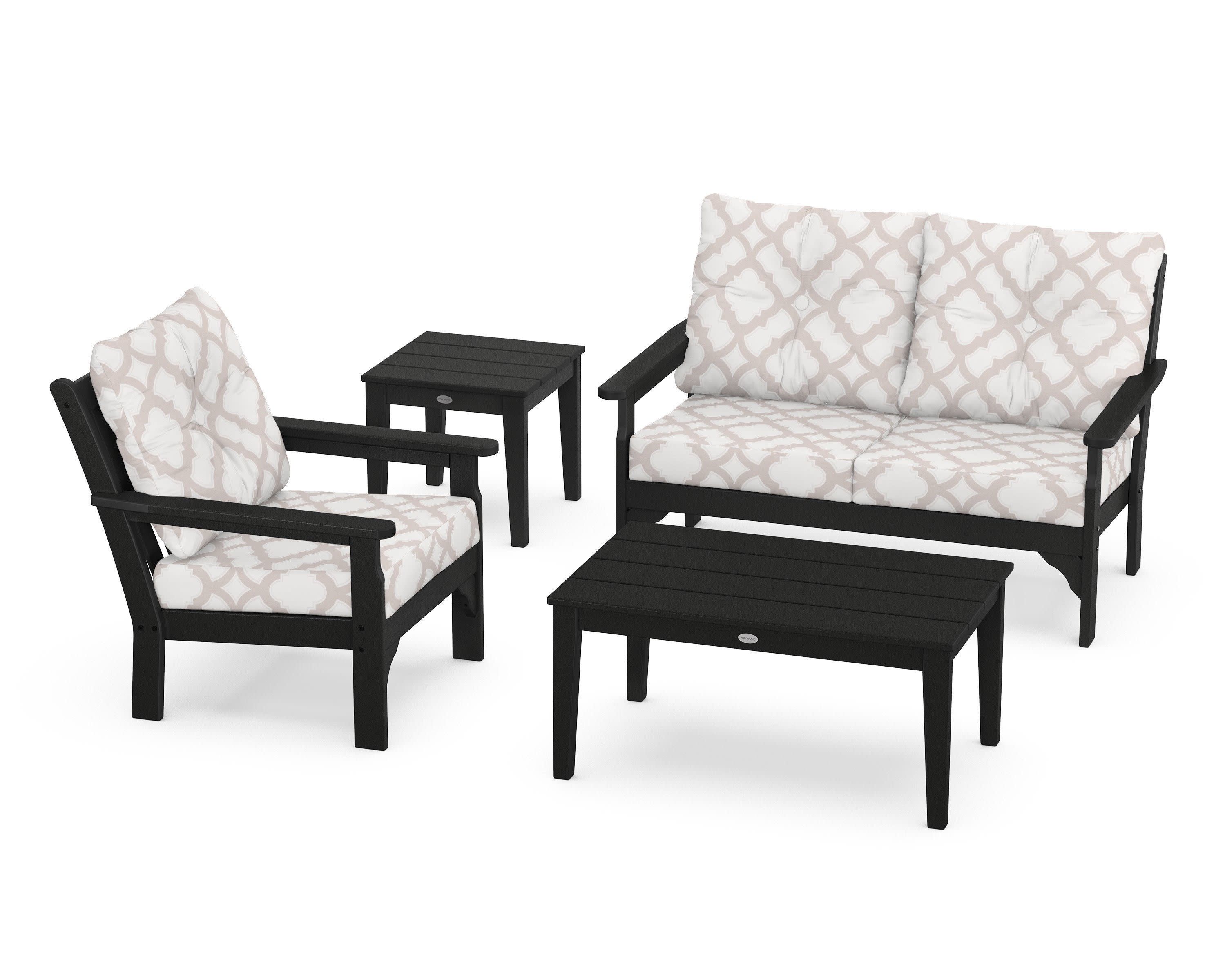 Vineyard 4-Piece Deep Seating Set in Black / Trellis Dune Burlap