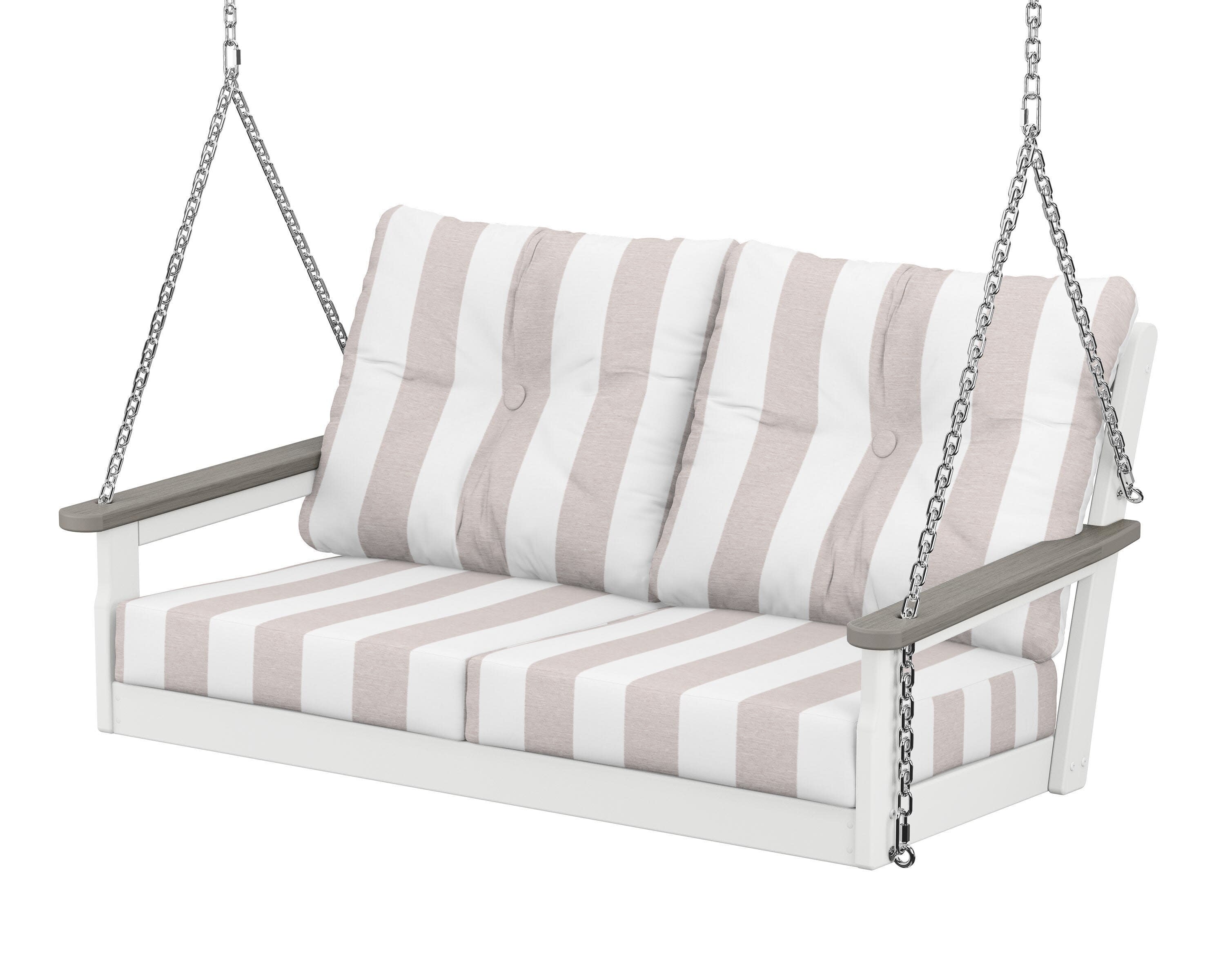 Vineyard Deep Seating Swing in White / Driftwood / Cabana Stripe Dune Burlap