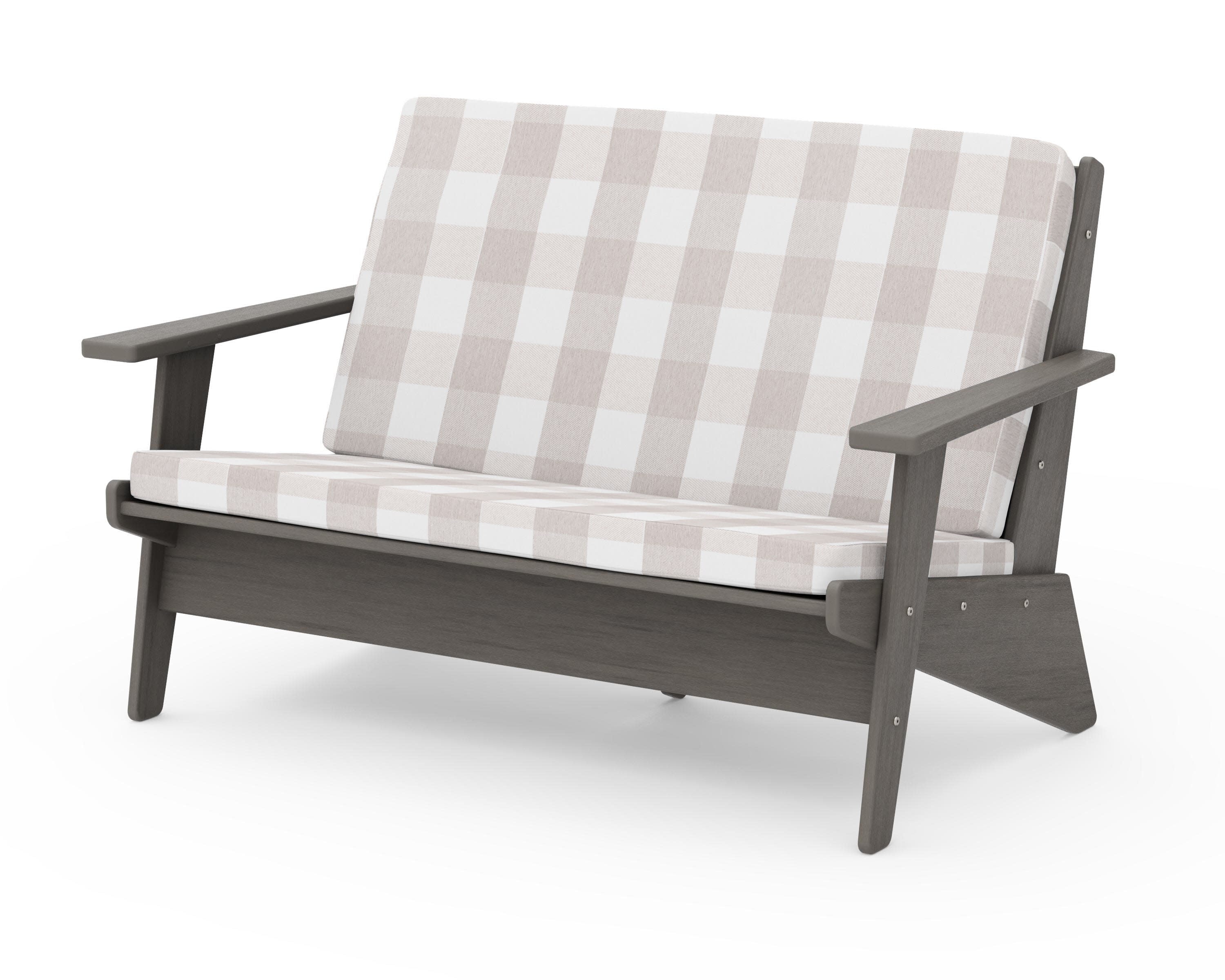 Riviera Modern Lounge Loveseat in Driftwood / Buffalo Plaid Dune Burlap