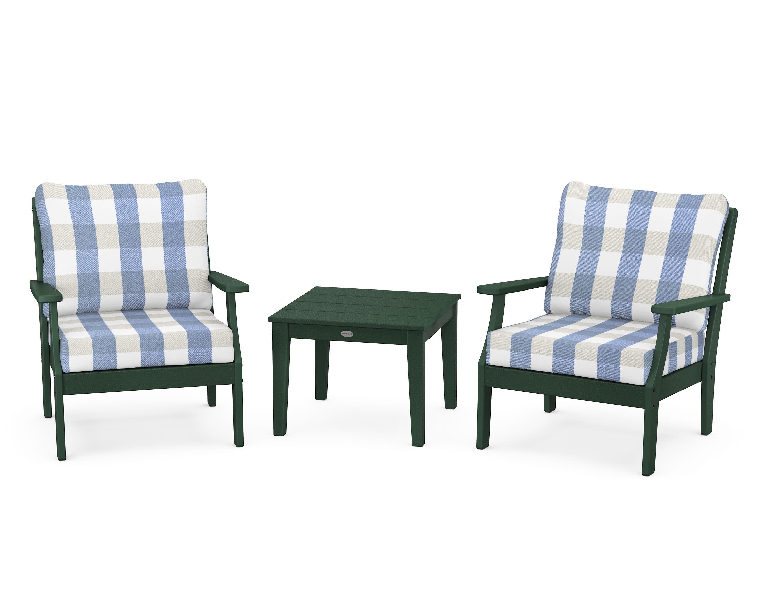 Braxton 3-Piece Deep Seating Set in Green / Buffalo Plaid Sky Blue