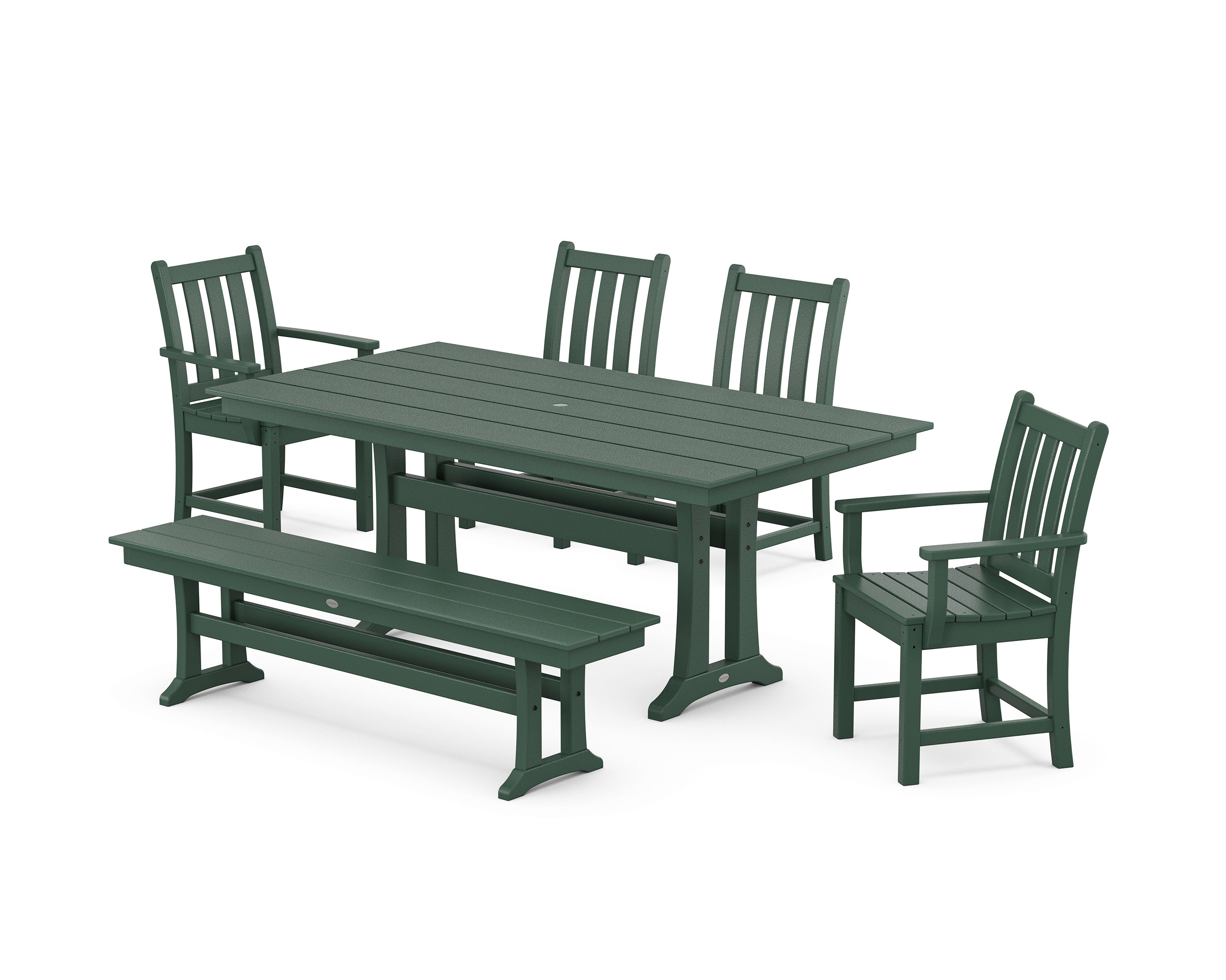 Traditional Garden 6-Piece Farmhouse Dining Set with Trestle Legs and Bench in Green