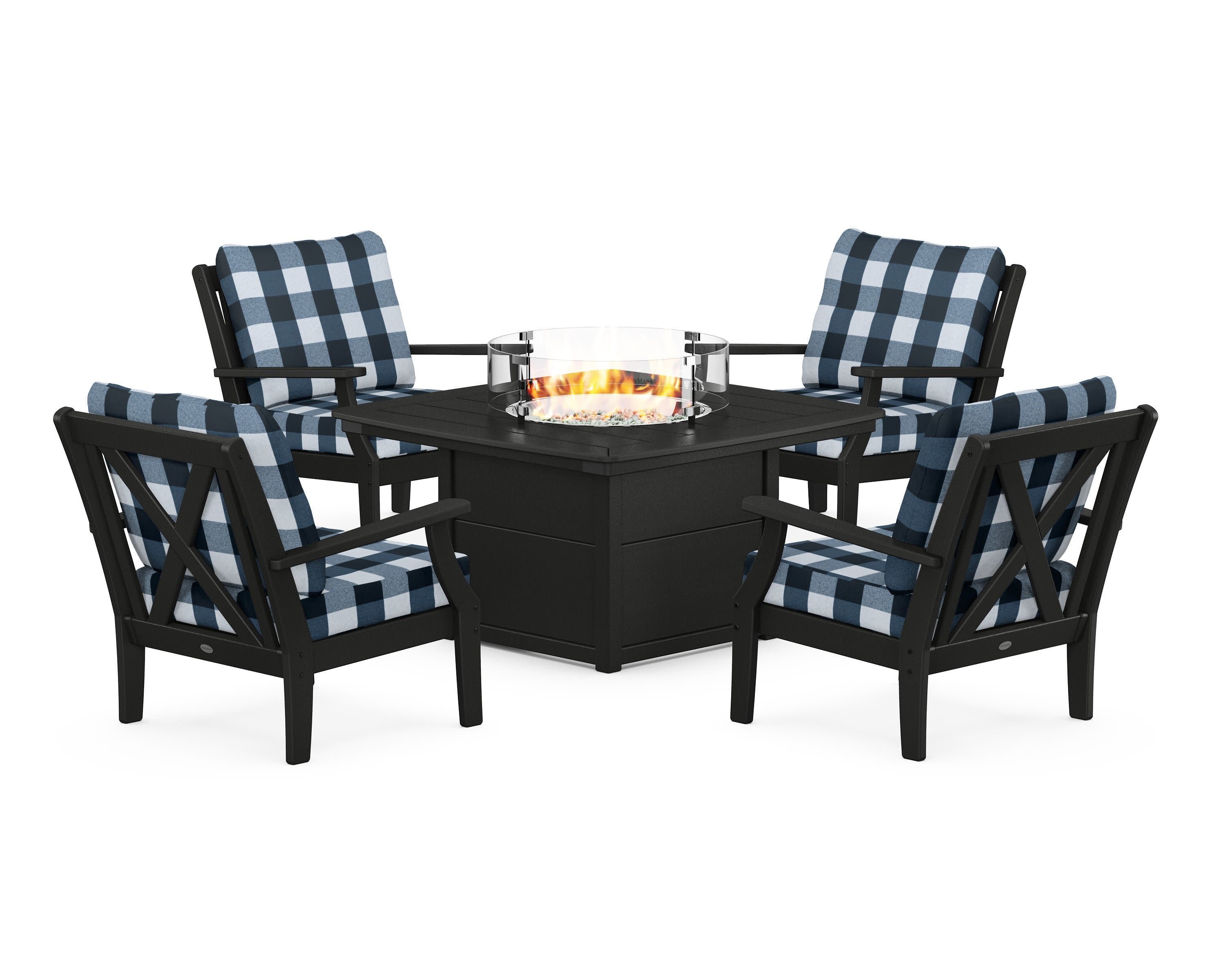 Braxton 5-Piece Deep Seating Conversation Set with Fire Pit Table in Black / Buffalo Plaid Marine Indigo