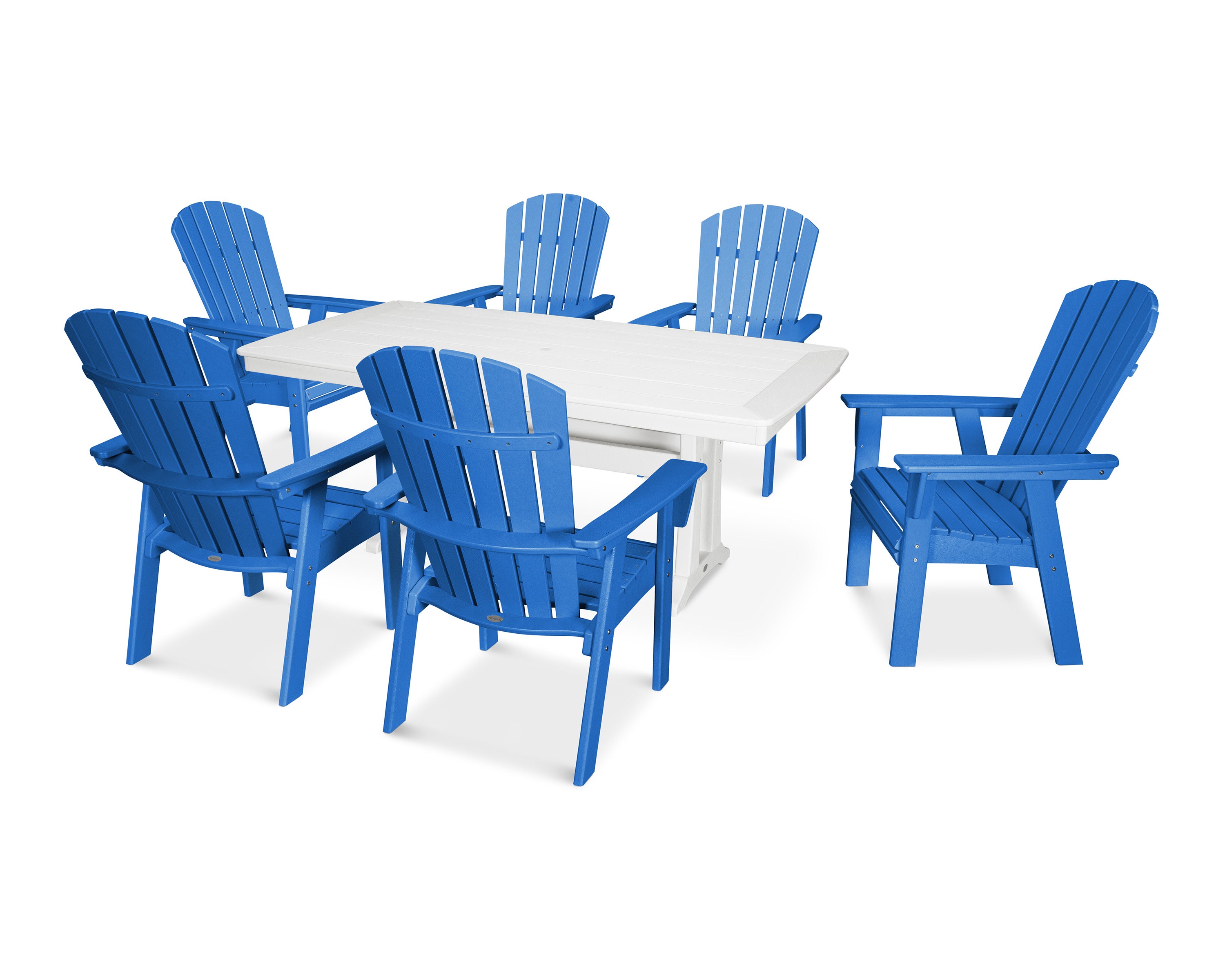Nautical Curveback Adirondack 7-Piece Dining Set with Trestle Legs in Pacific Blue / White