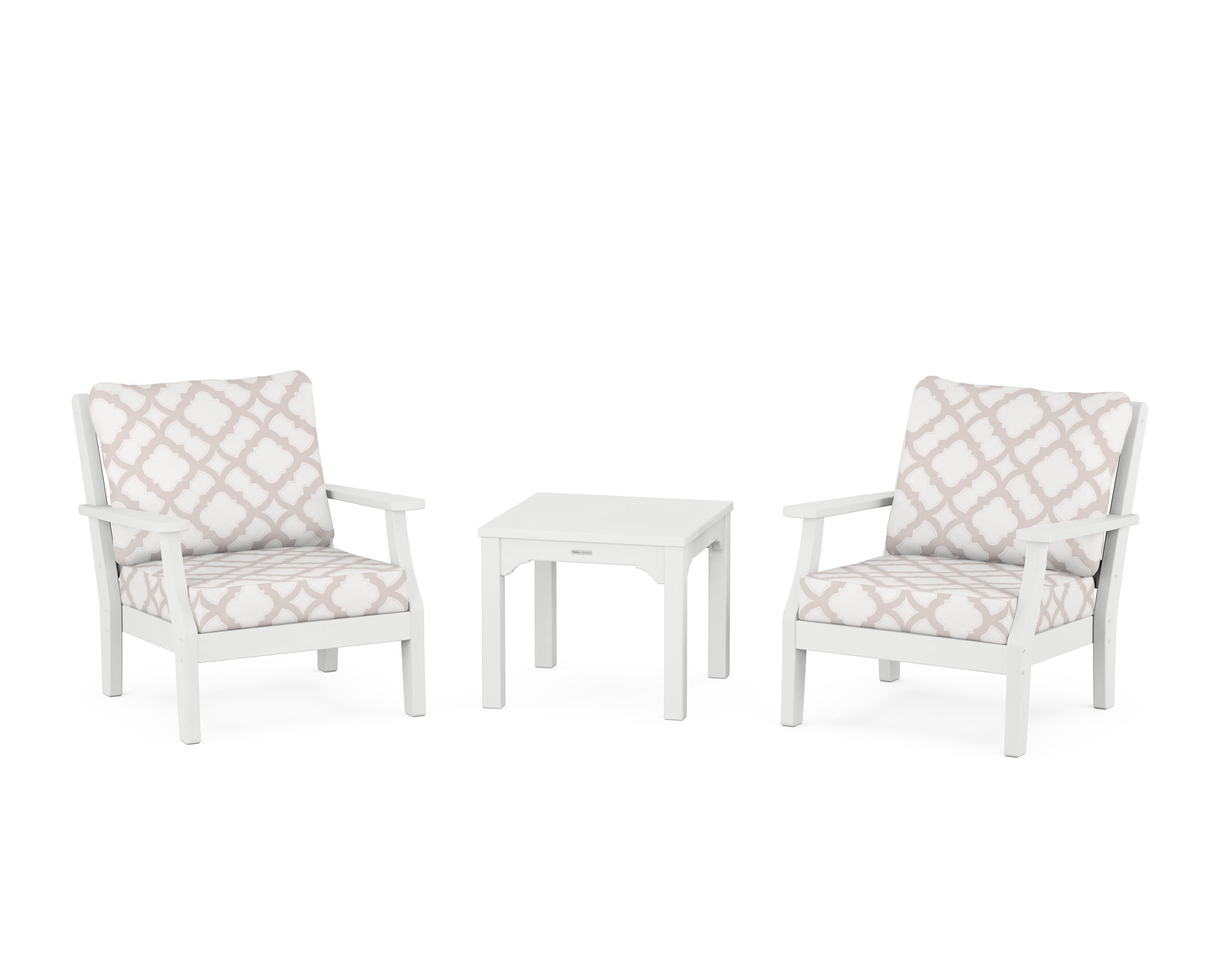 Chinoiserie 3-Piece Deep Seating Set in White / Trellis Dune Burlap