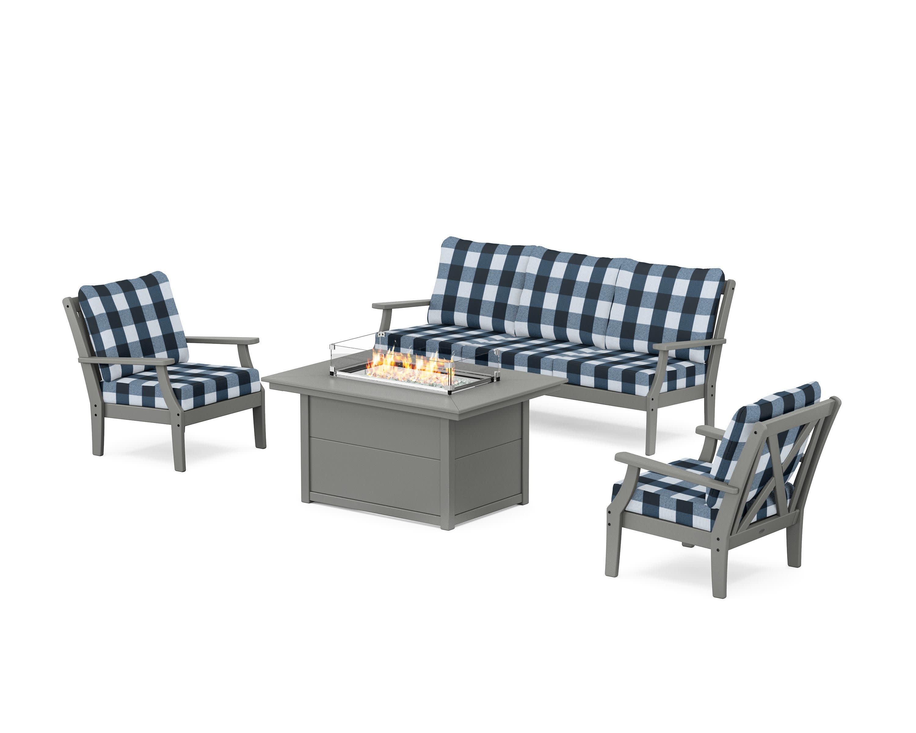 Braxton Deep Seating Fire Pit Table Set in Slate Grey / Buffalo Plaid Marine Indigo