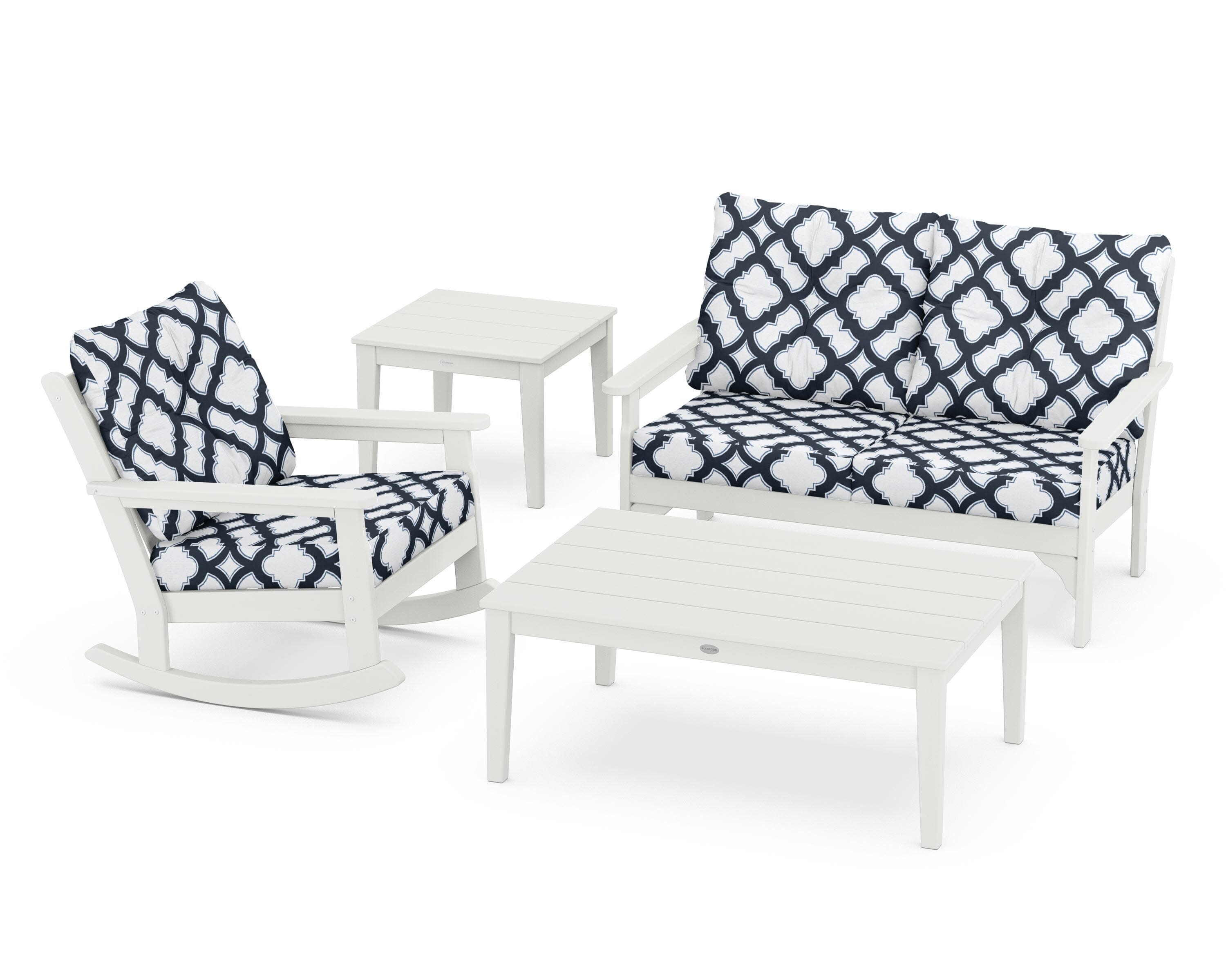 Vineyard 4-Piece Deep Seating Rocker Set in Vintage White / Trellis Marine Indigo