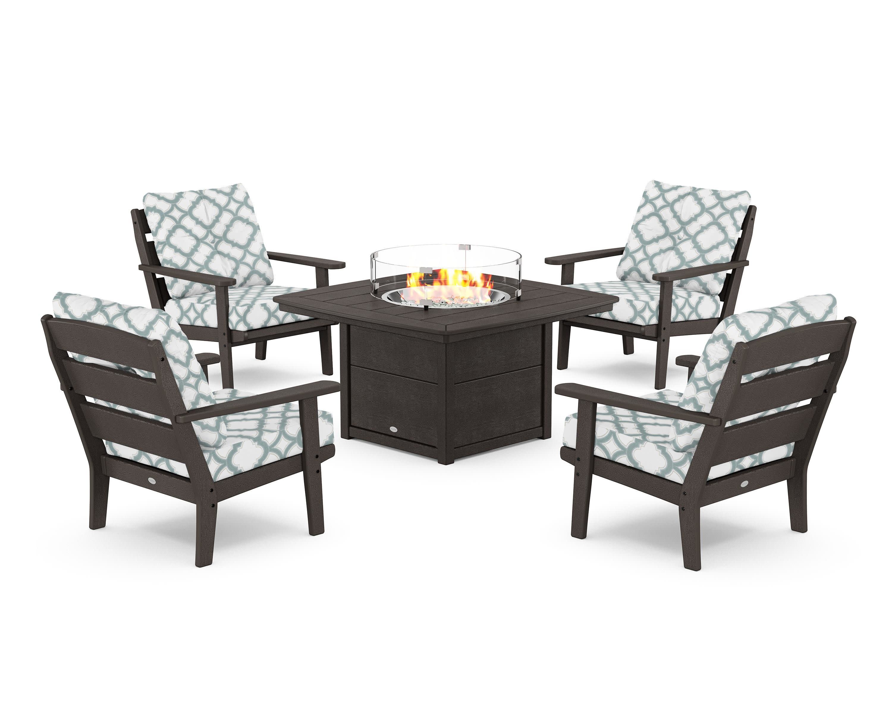 Lakeside 5-Piece Deep Seating Set with Nautical Fire Pit Table in Vintage Coffee / Trellis Glacier Spa