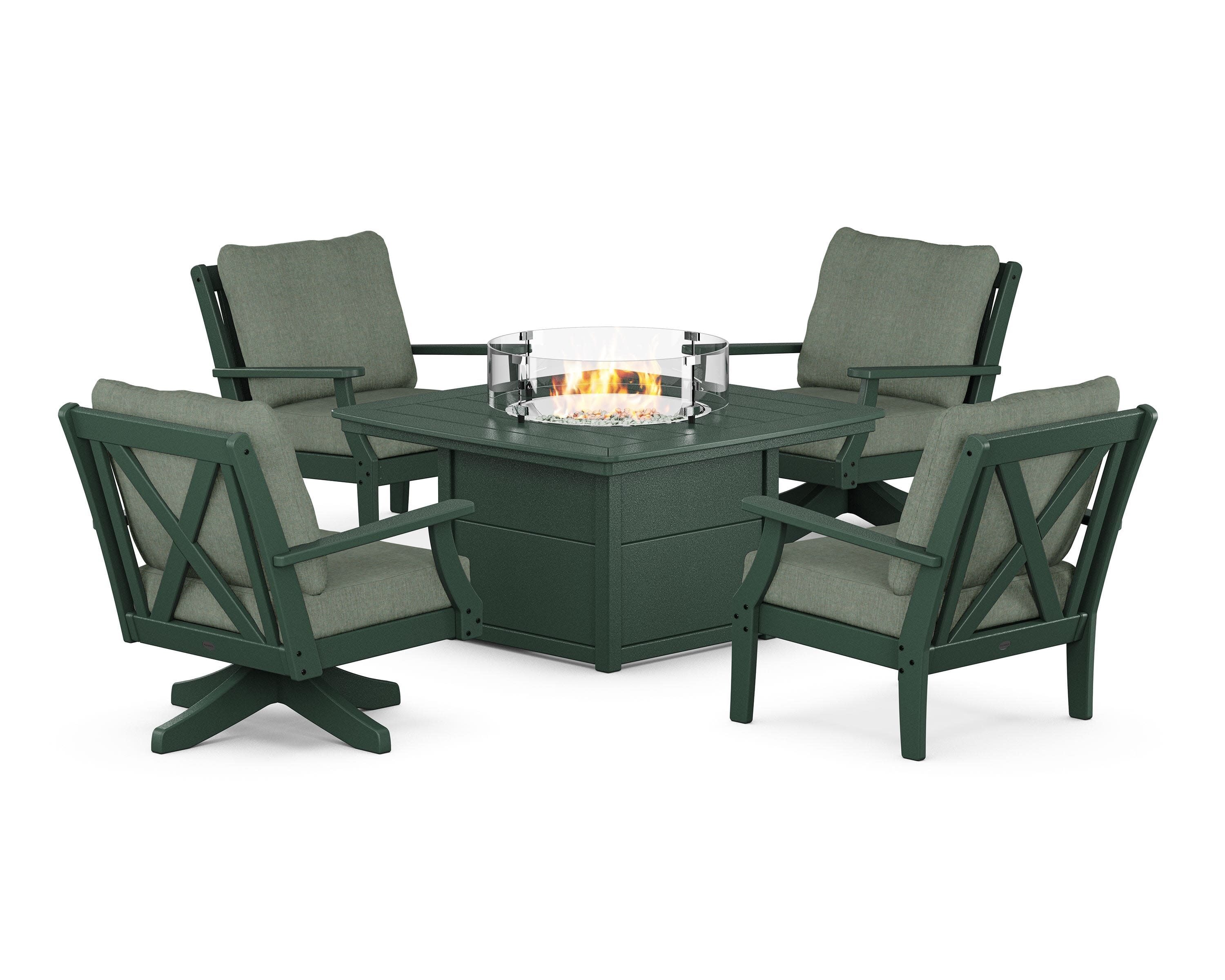 Braxton 5-Piece Deep Seating Set with Fire Table in Green / Cast Sage
