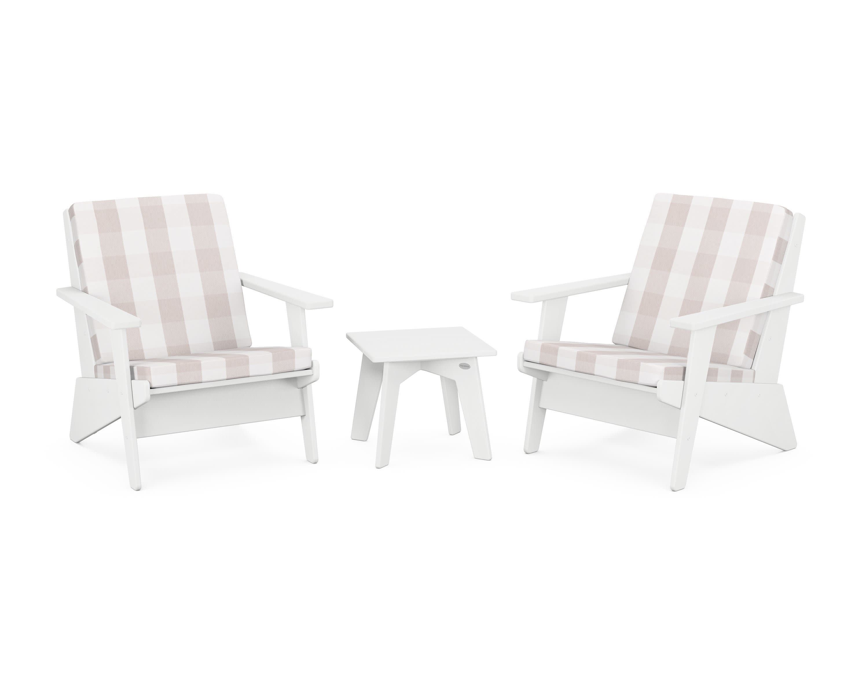 Riviera Modern Lounge 3-Piece Set in White / Buffalo Plaid Dune Burlap