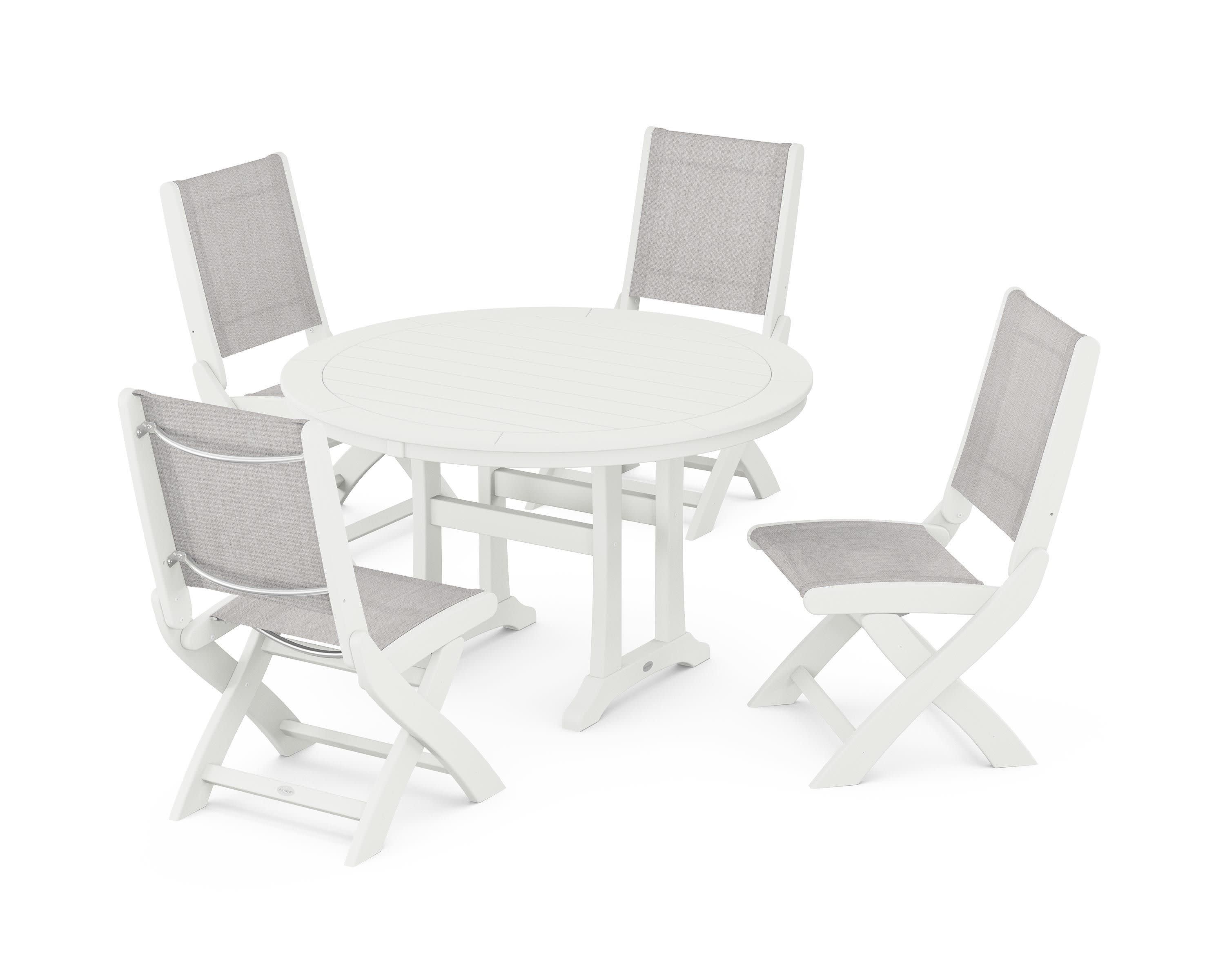 Coastal Folding Side Chair 5-Piece Round Dining Set With Trestle Legs in Vintage White / Parchment Sling