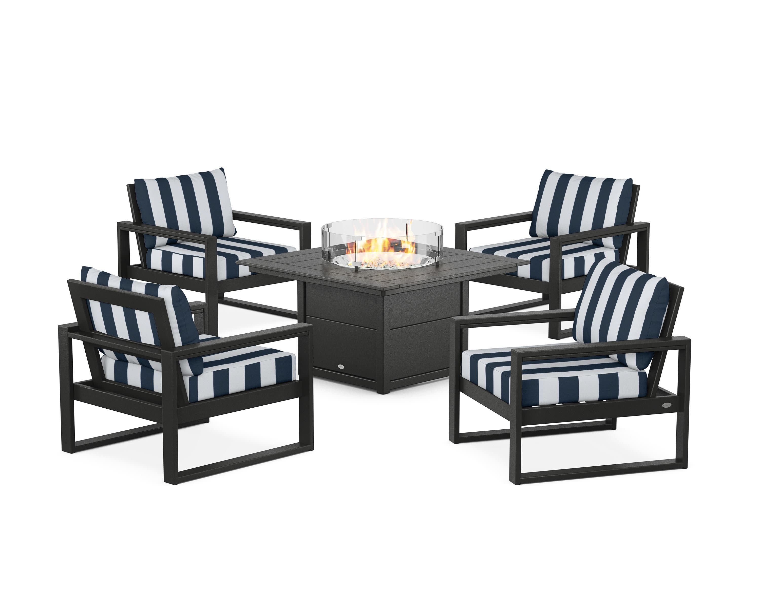 EDGE Sectional 5-Piece Deep Seating Set with Fire Pit Table in Black / Cabana Stripe Marine Indigo
