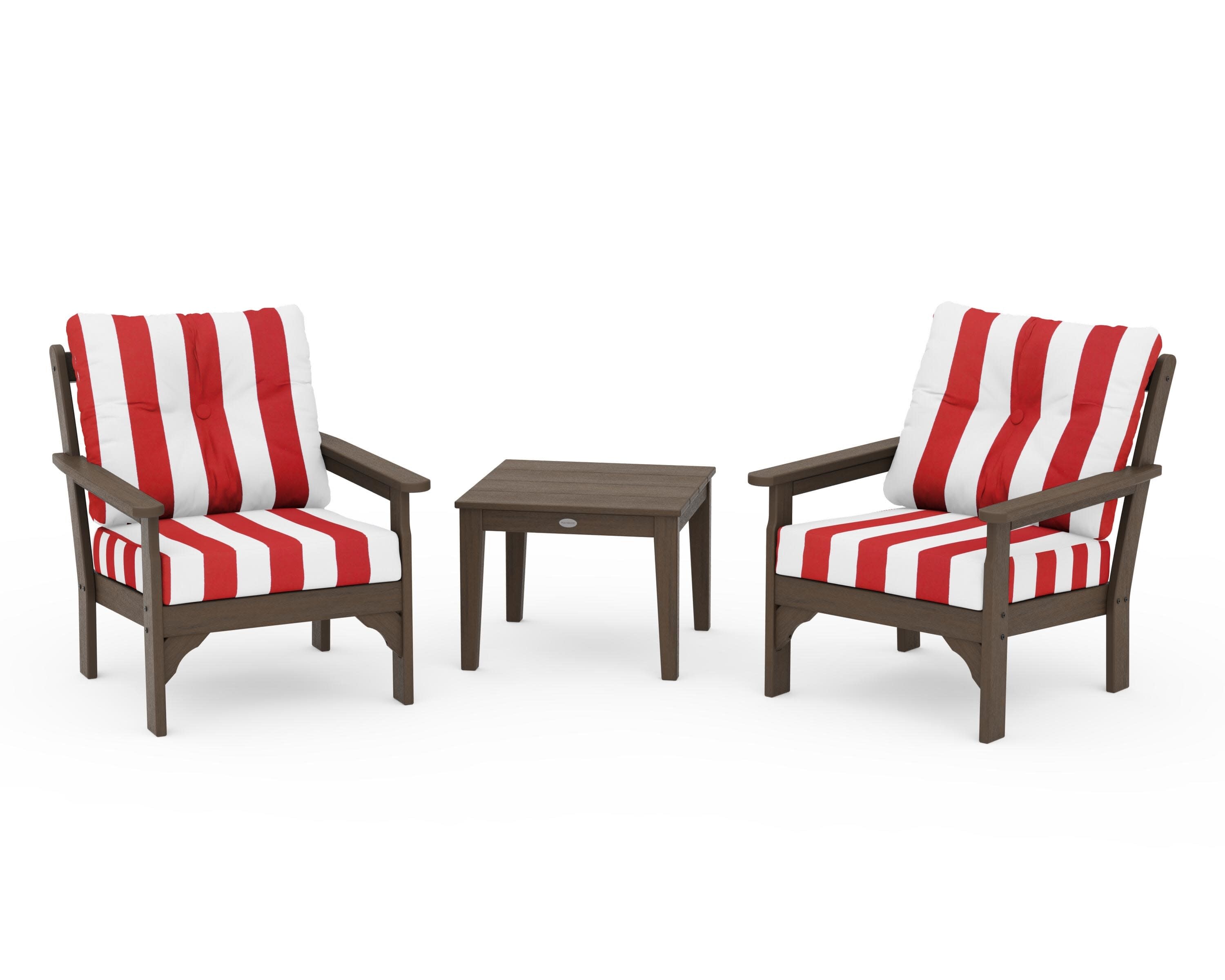 Vineyard 3-Piece Deep Seating Set in Kona / Cabana Stripe Crimson