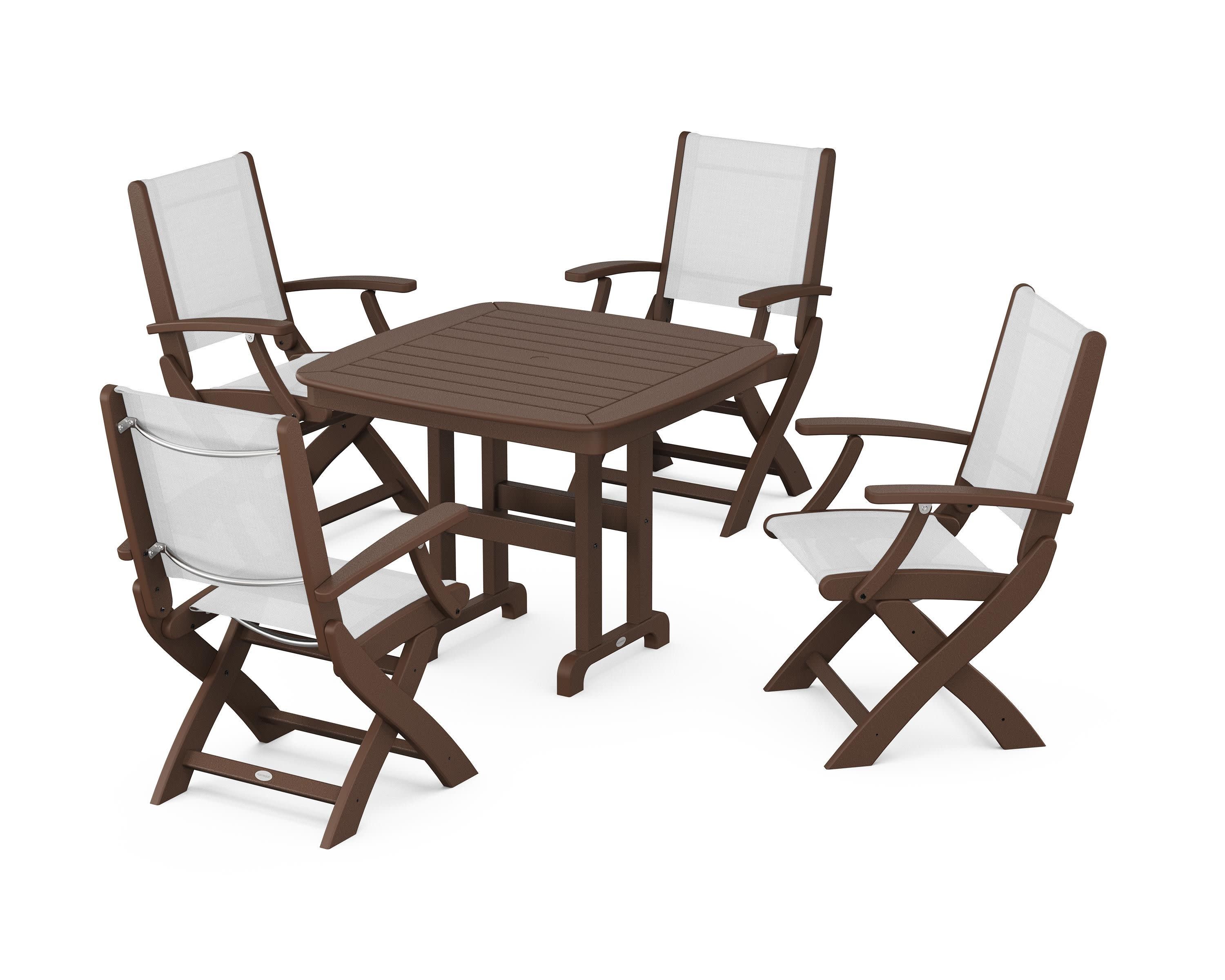 Coastal Folding Chair 5-Piece Dining Set in Mahogany / White Sling